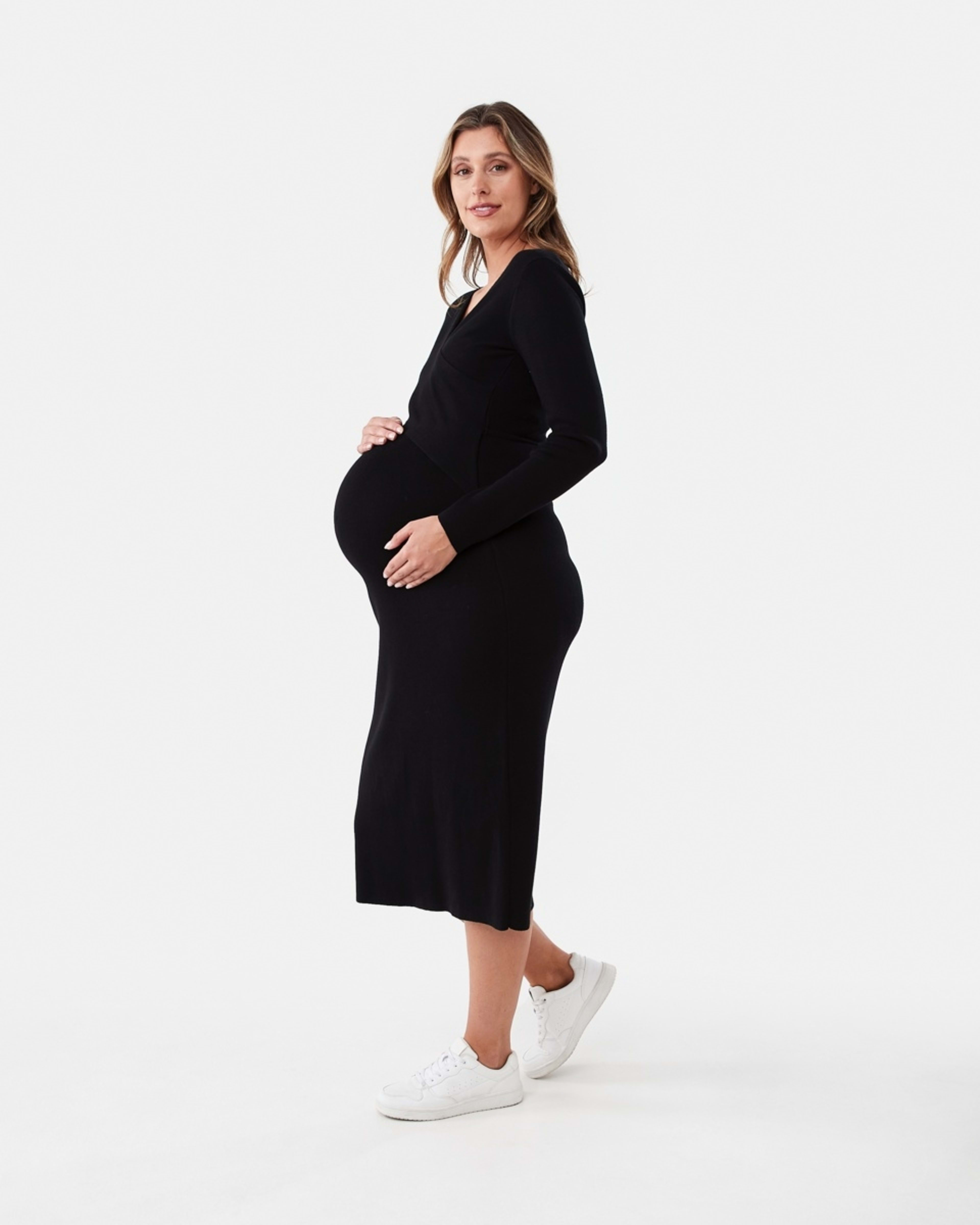 2 Maternity Cross Front Knit Midi Dress Black, 2 of 6