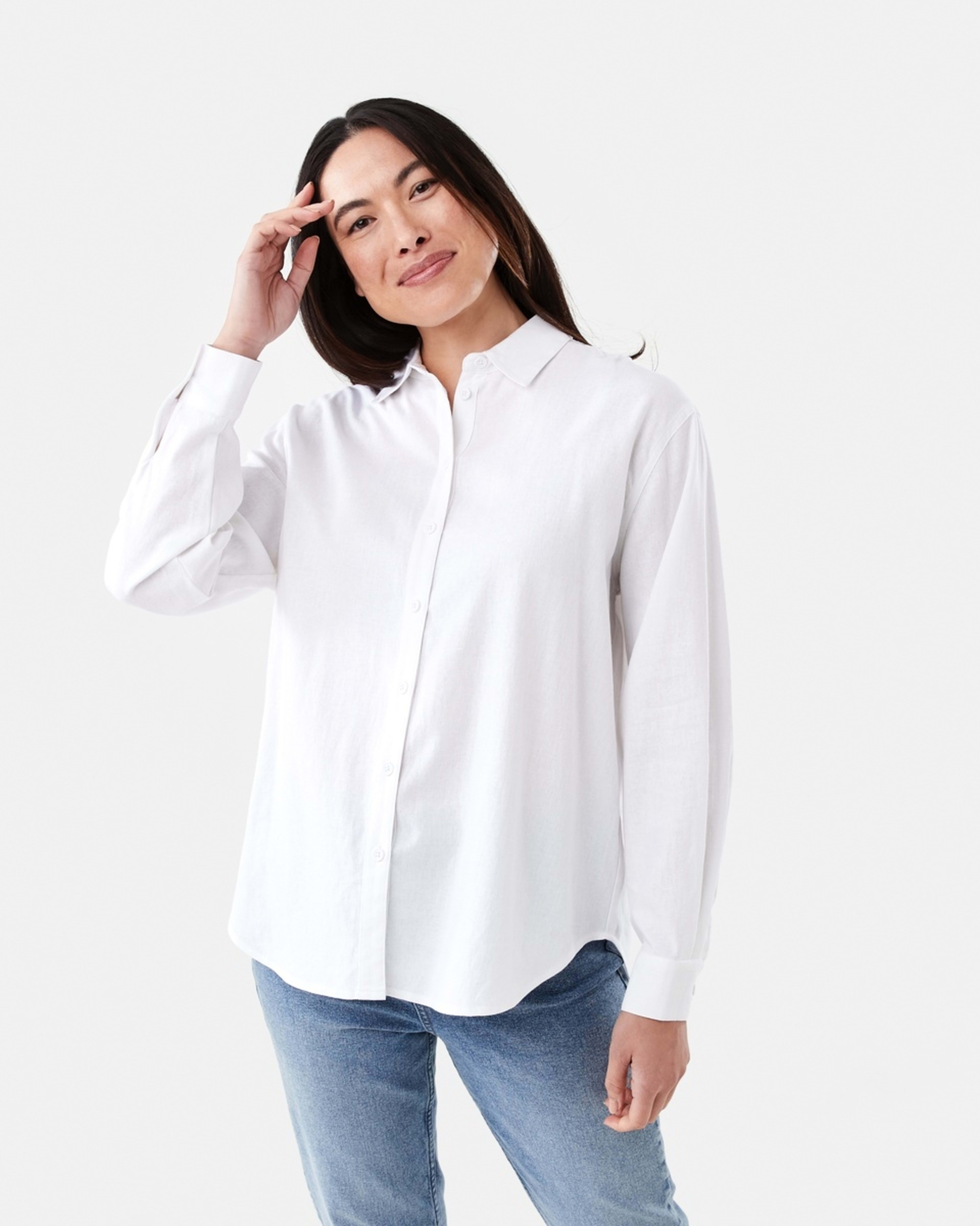 1 Long Sleeve Linen Blend Shirt WHITE, 1 of 6