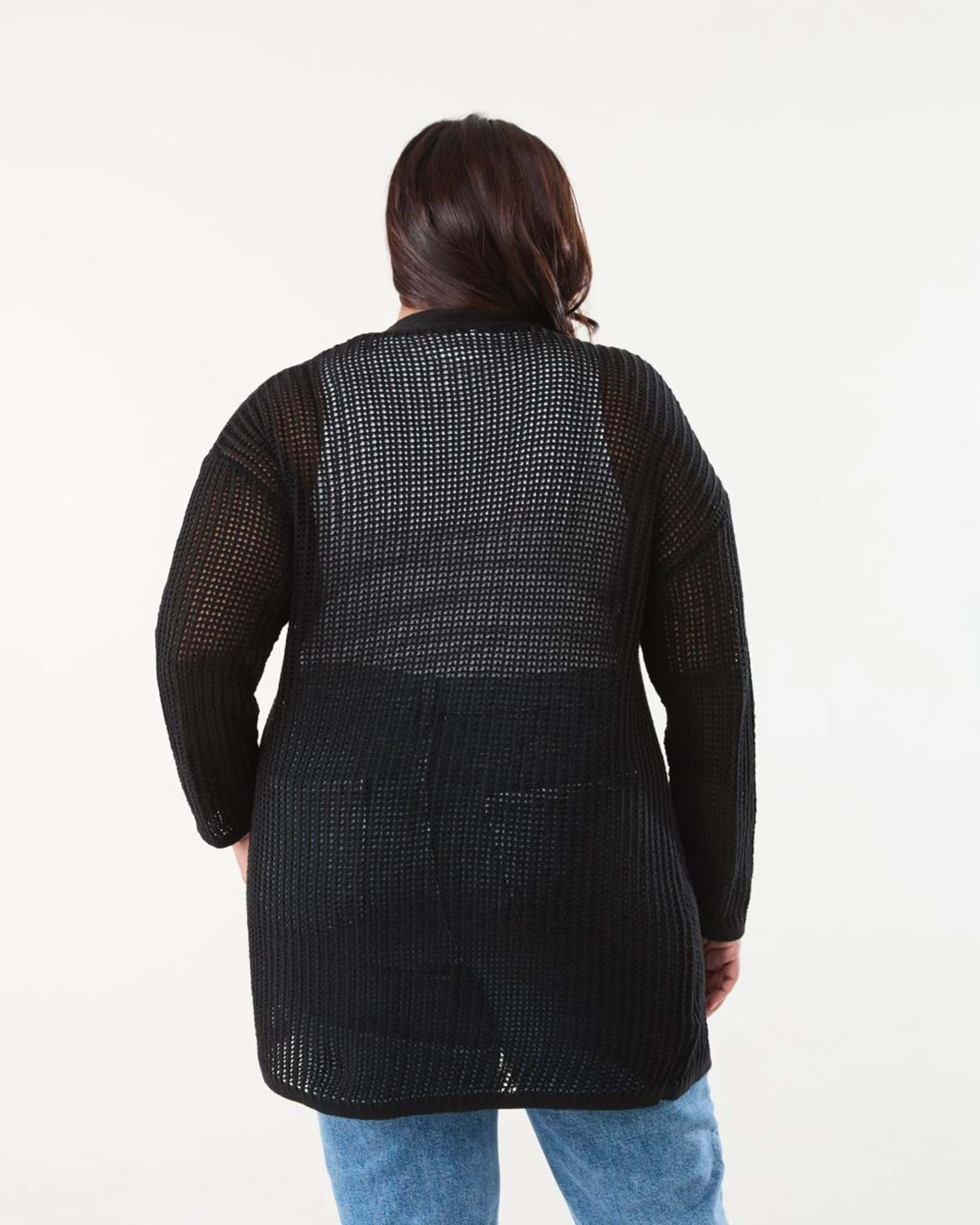 3 Curve Long Sleeve Crochet Cardigan BLACK, 3 of 5