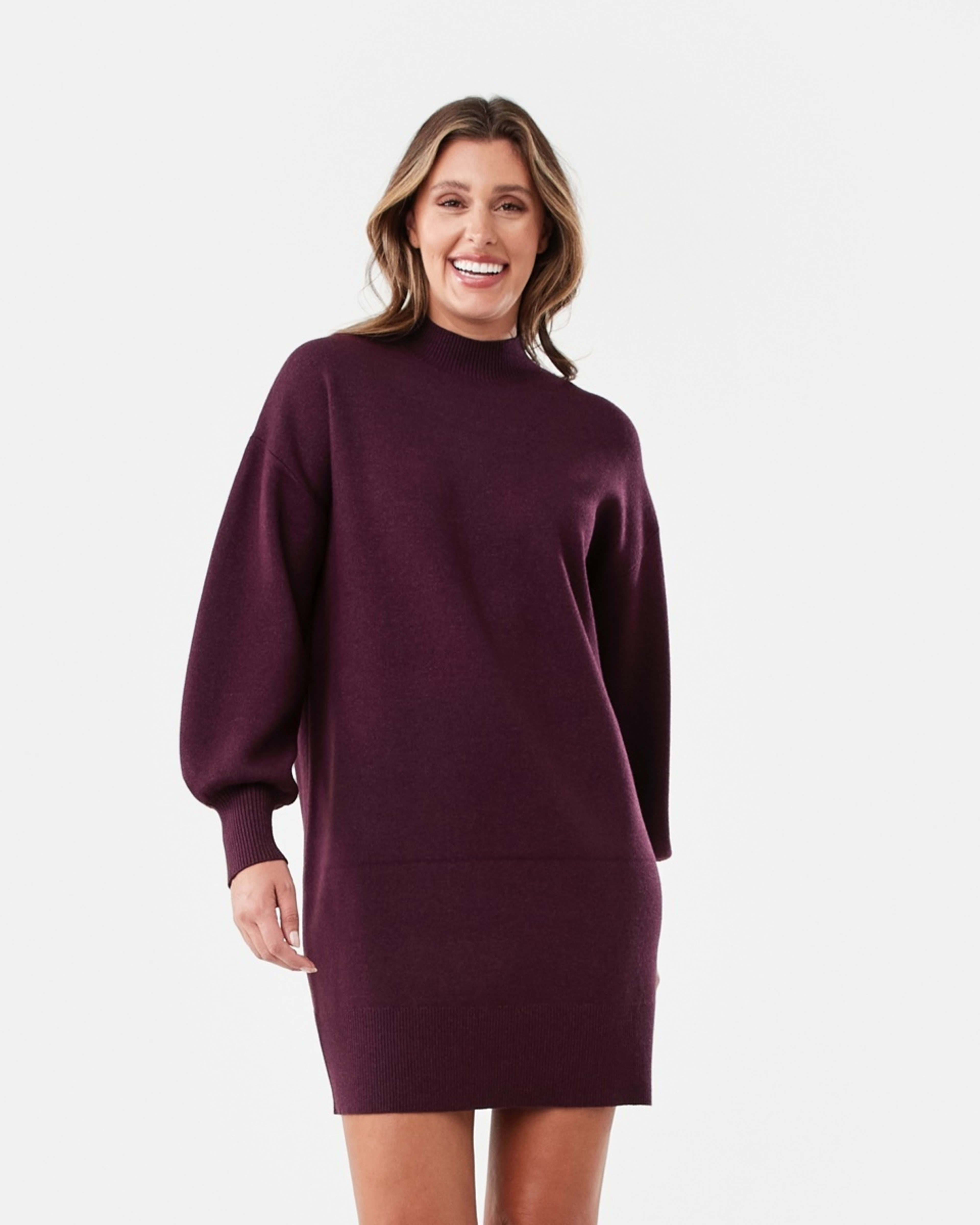 1 Long Sleeve Mock Neck True Knit Mini Dress Mulberry