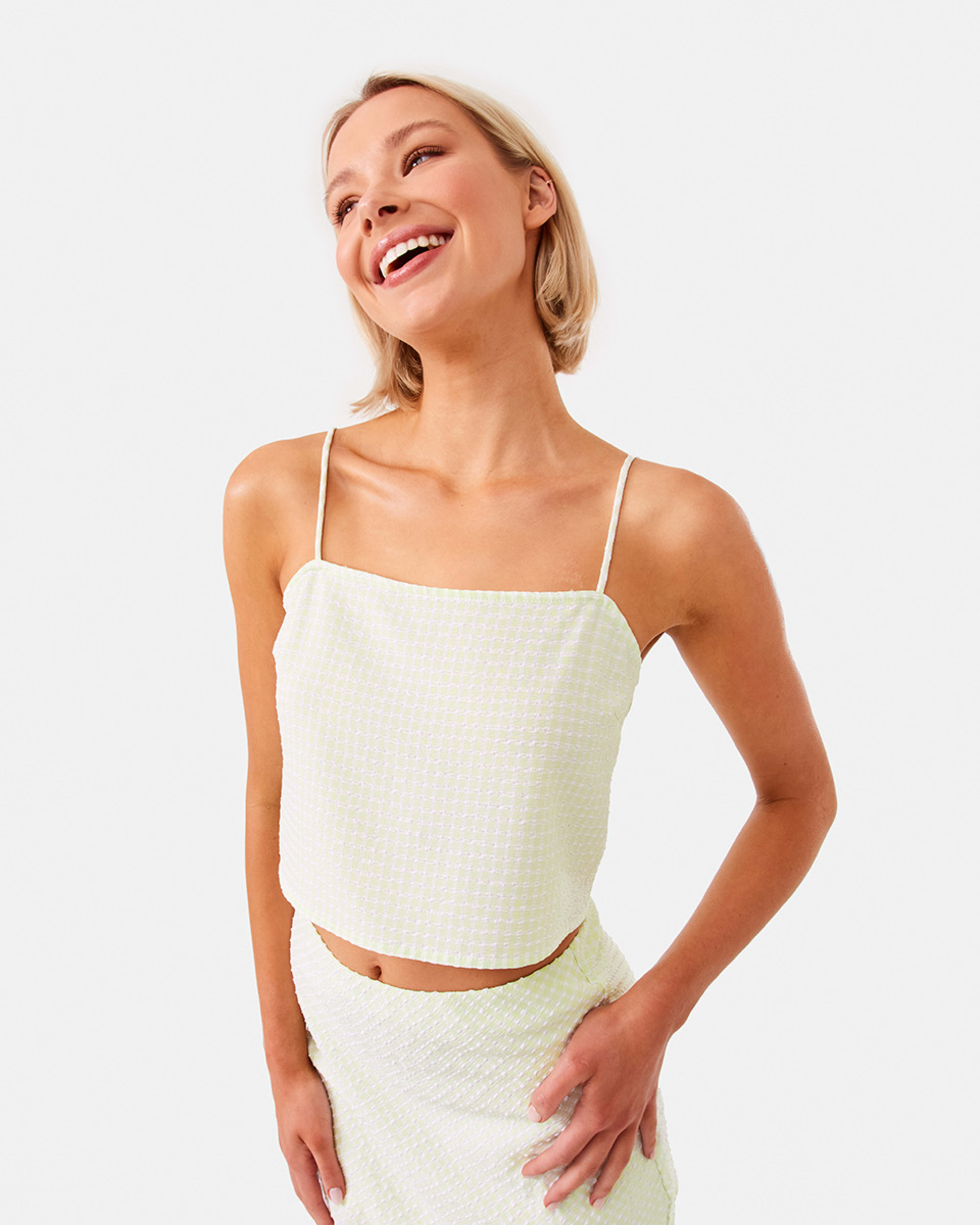 1 Sleeveless Tie Back Crop Top Ginghm Grn, 1 of 10