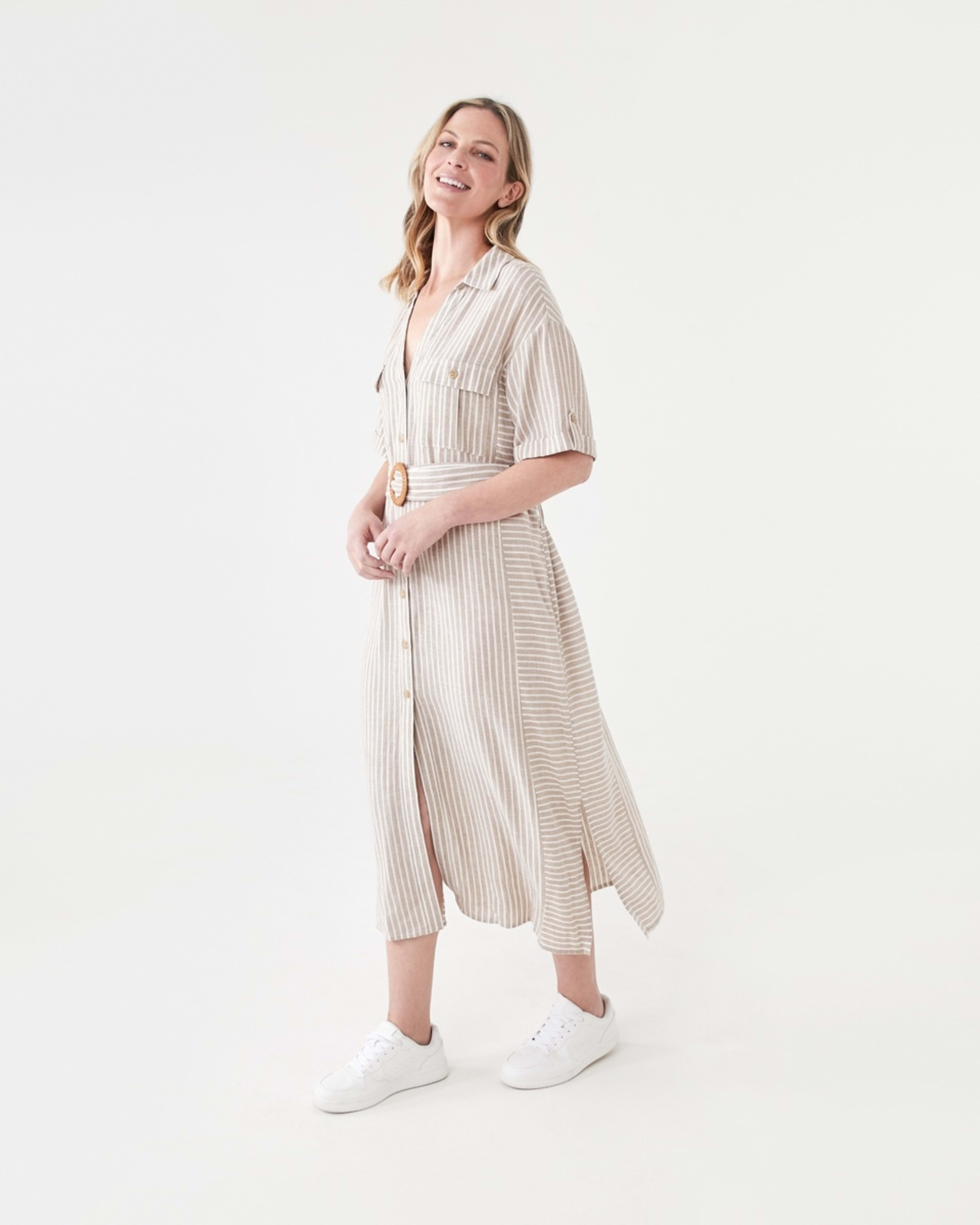 2 Short Sleeve Utility Shirt Midi Dress RESORT STRIPE DUNE BEIGE, 2 of 7