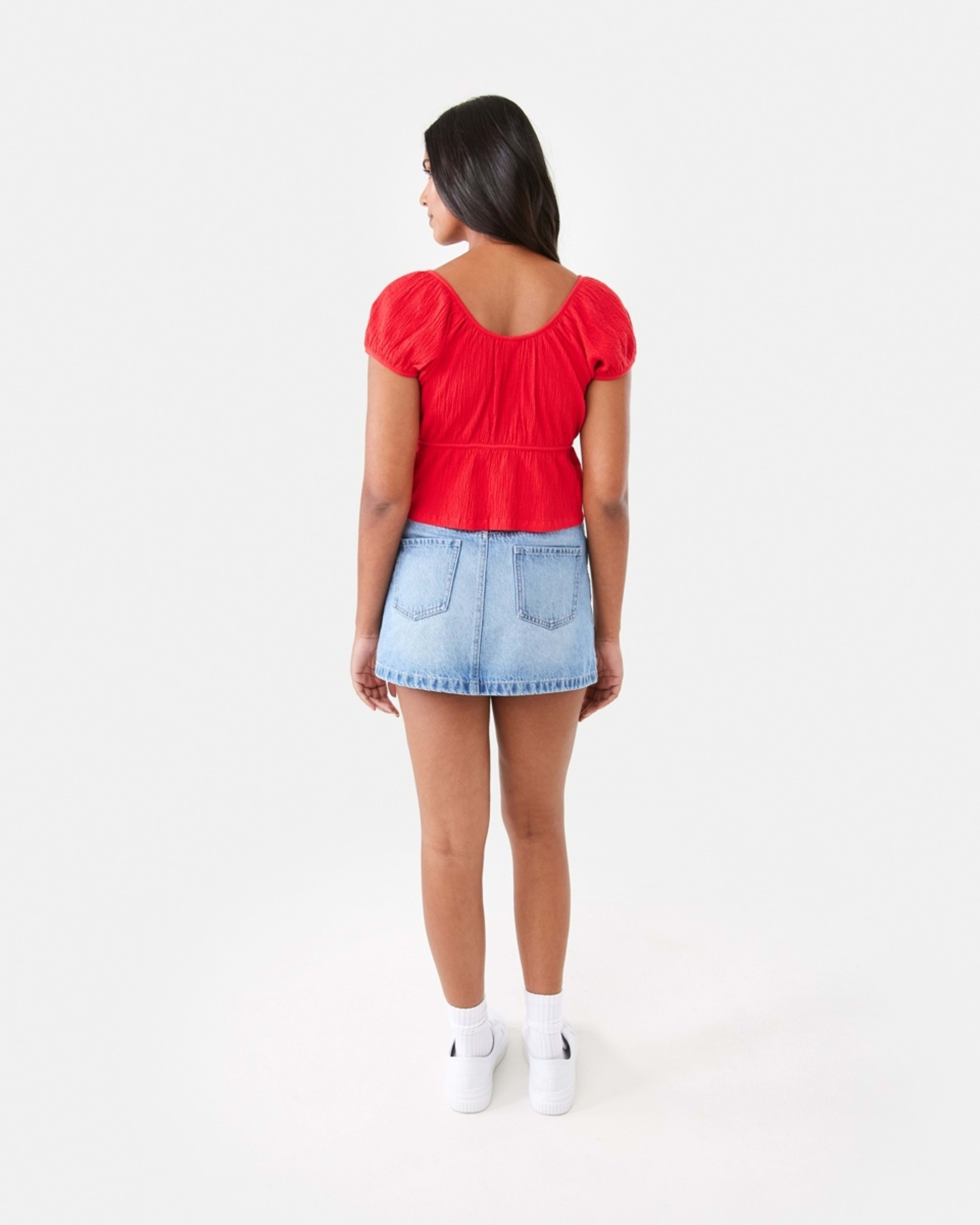 4 Short Sleeve Textured Tie Front Top Strawberry, 4 of 7