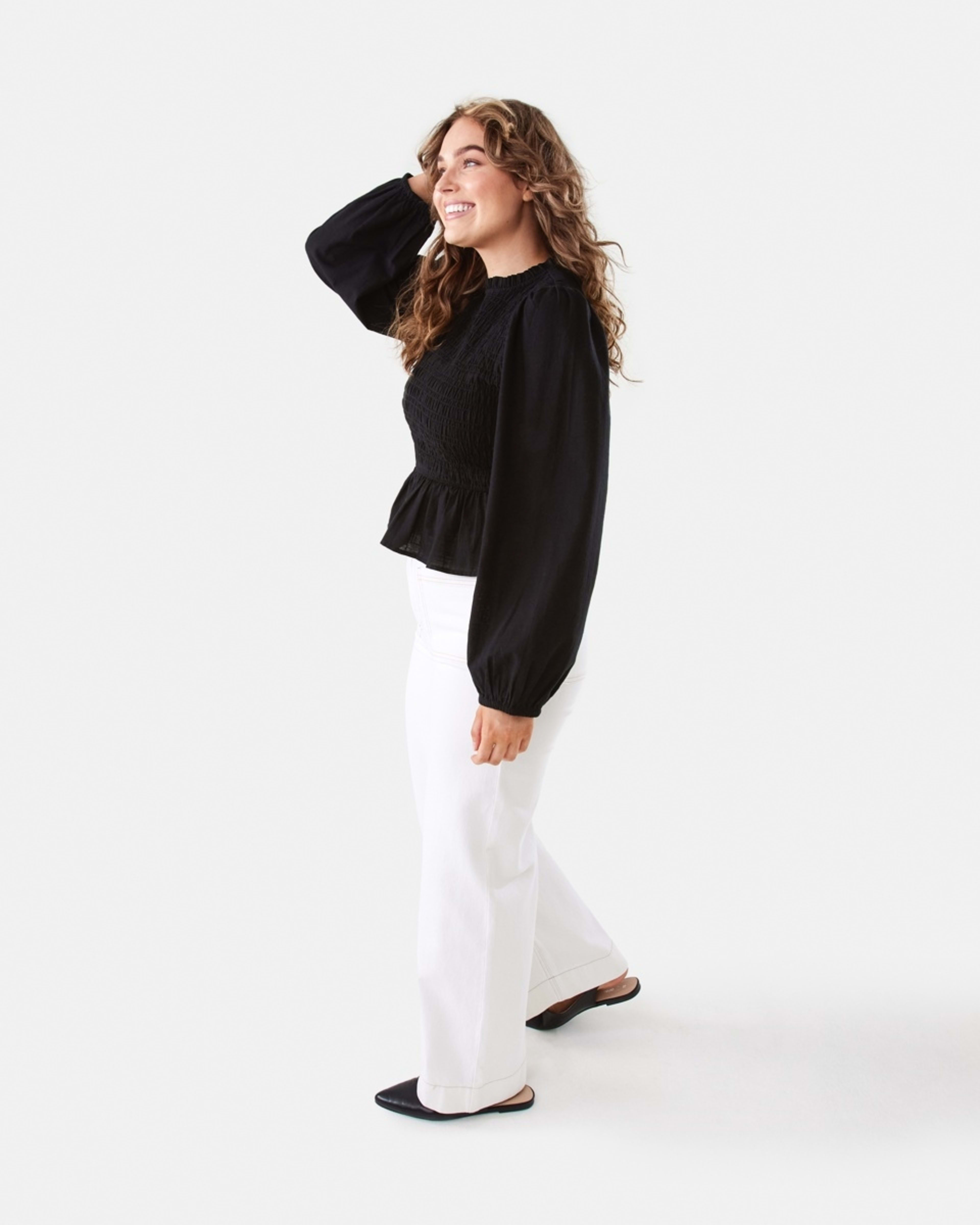 3 Long Sleeve Shirred Bodice Top Black, 3 of 9