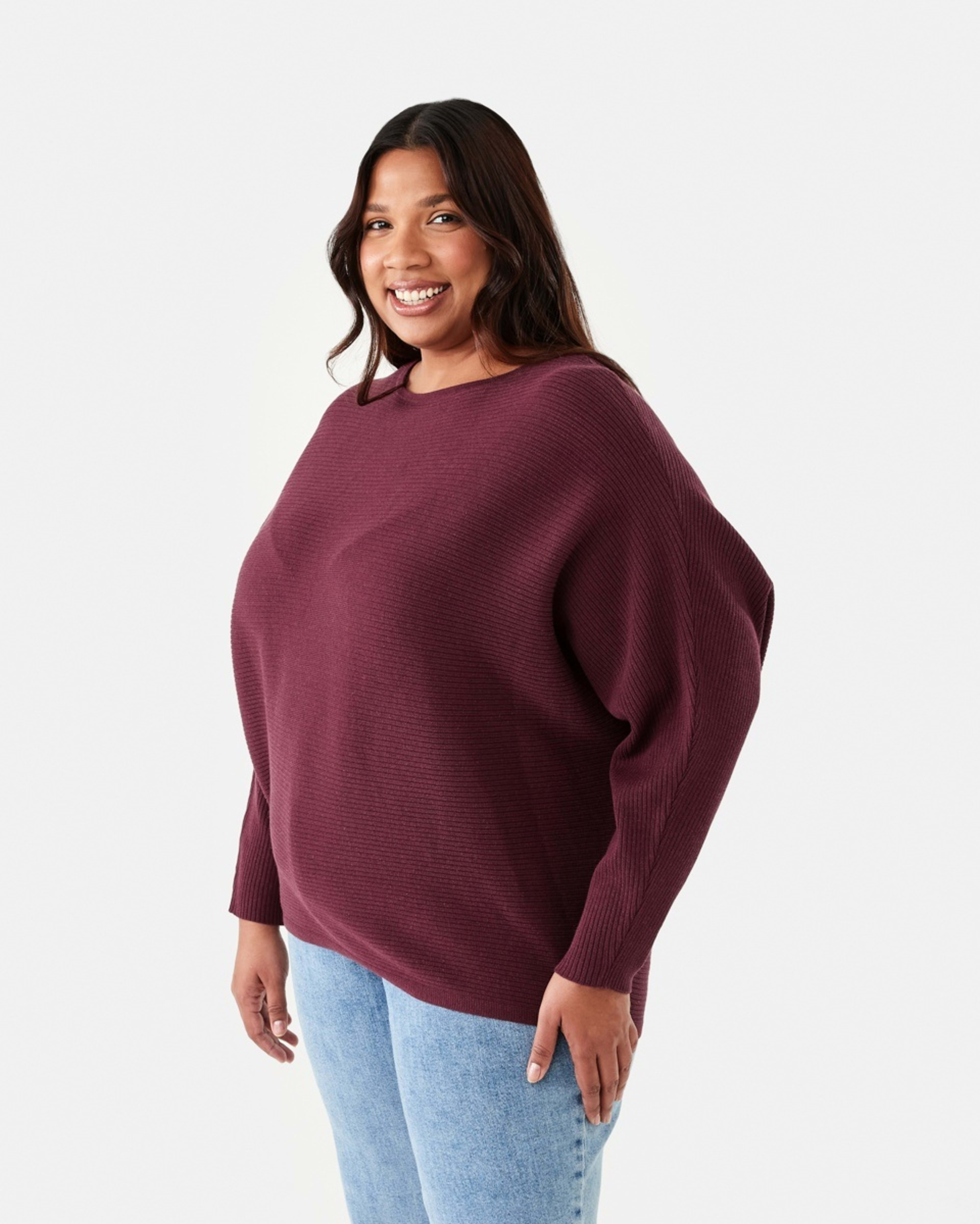 2 Curve Long Sleeve Batwing Jumper Mulberry, 2 of 5
