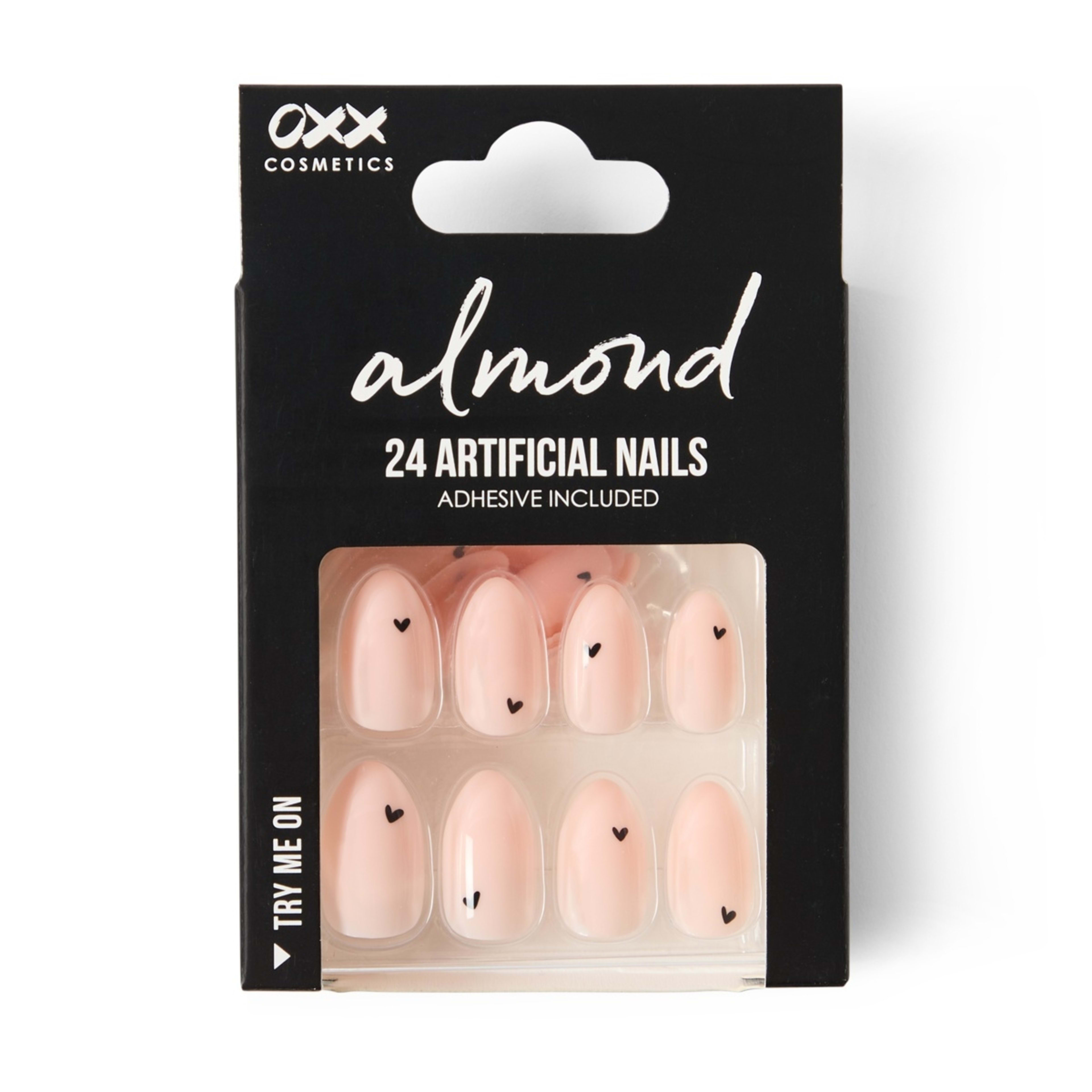1 OXX Cosmetics 24 Pack Artificial Nails with Adhesive - Almond Shape, Black Hearts