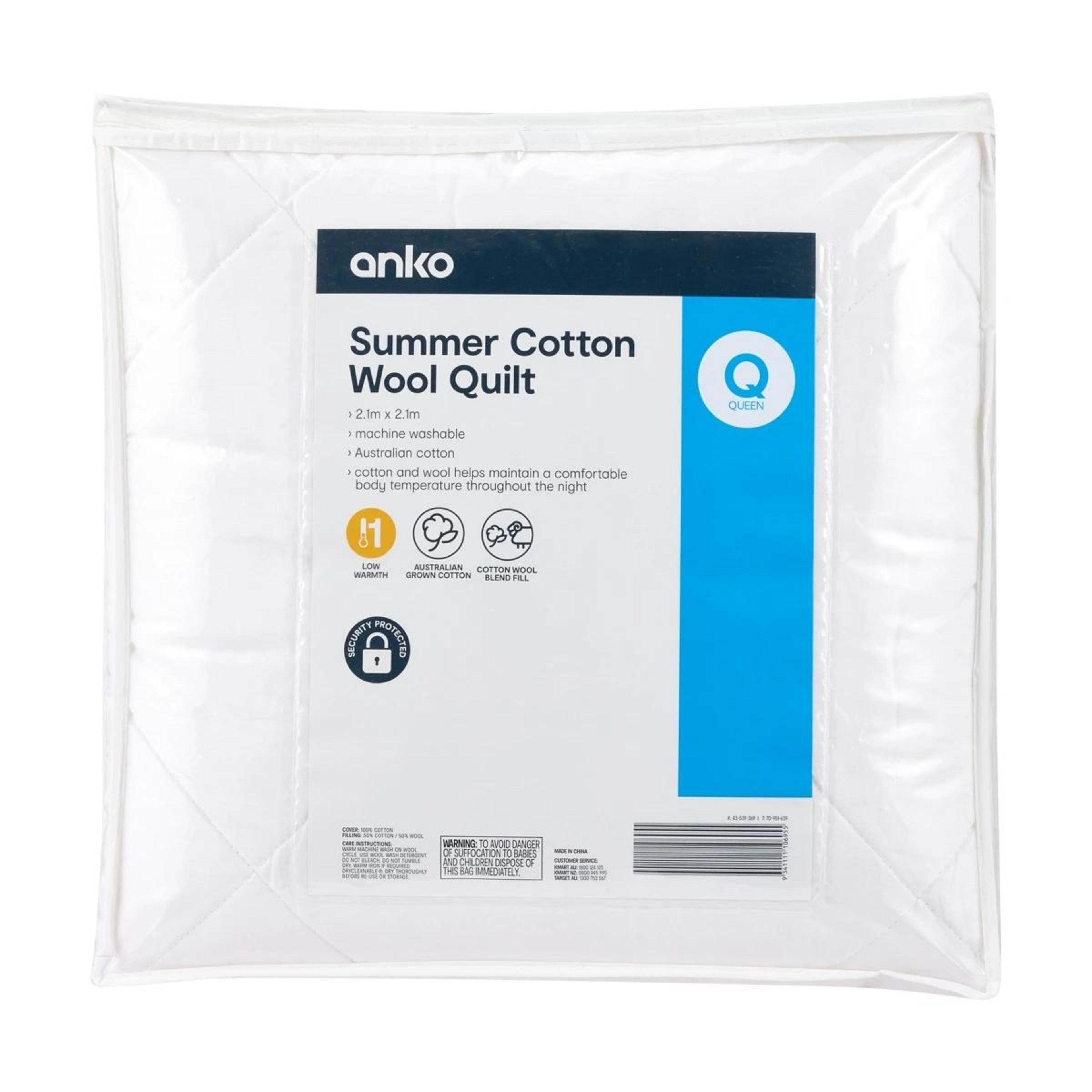 1 Low Warmth Summer Cotton Wool Quilt - Queen Bed, White