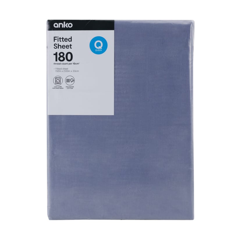 180 Thread Count Fitted Sheet Queen Bed, Mid Blue Kmart NZ