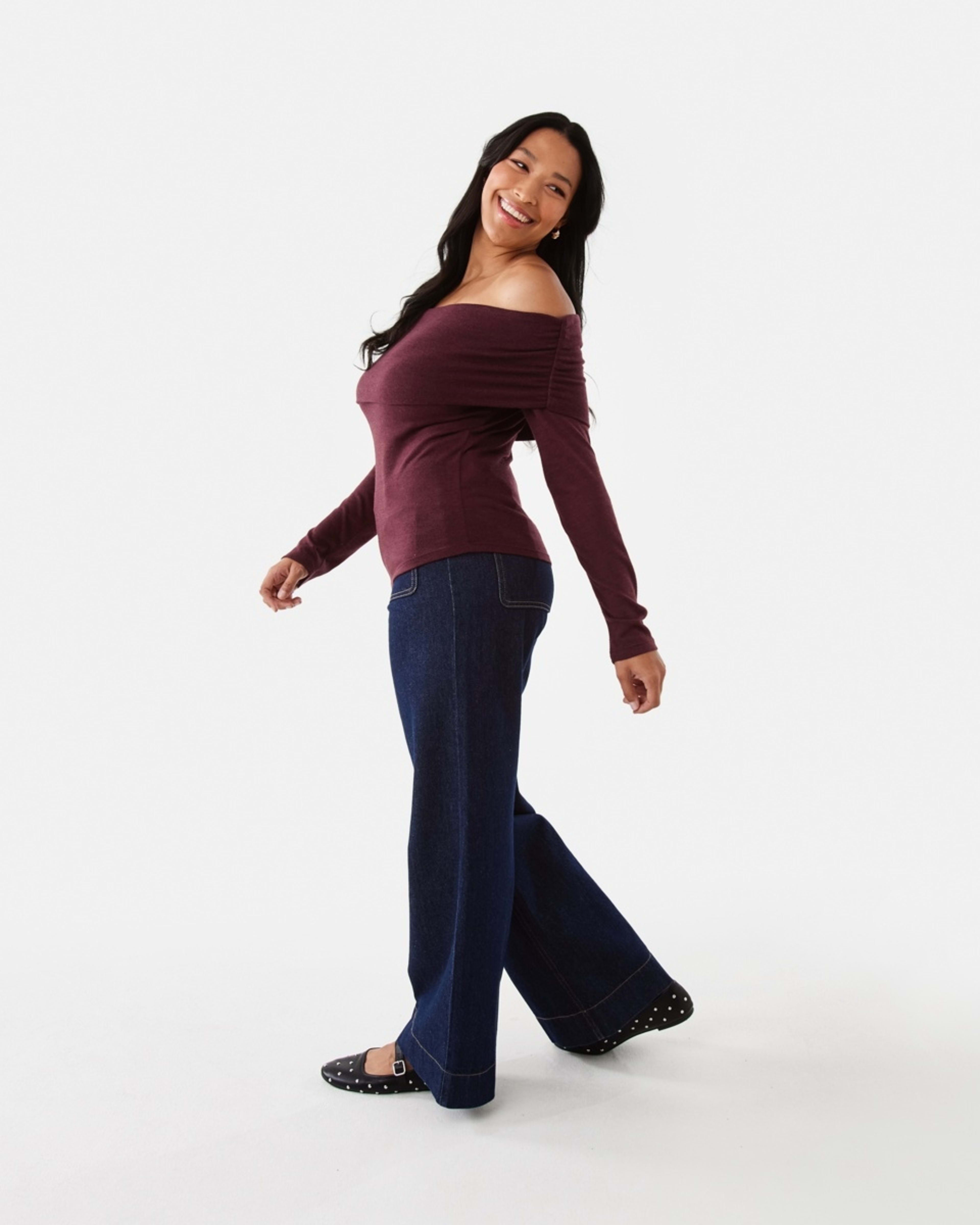 3 Long Sleeve Off Shoulder Top Burgundy, 3 of 7