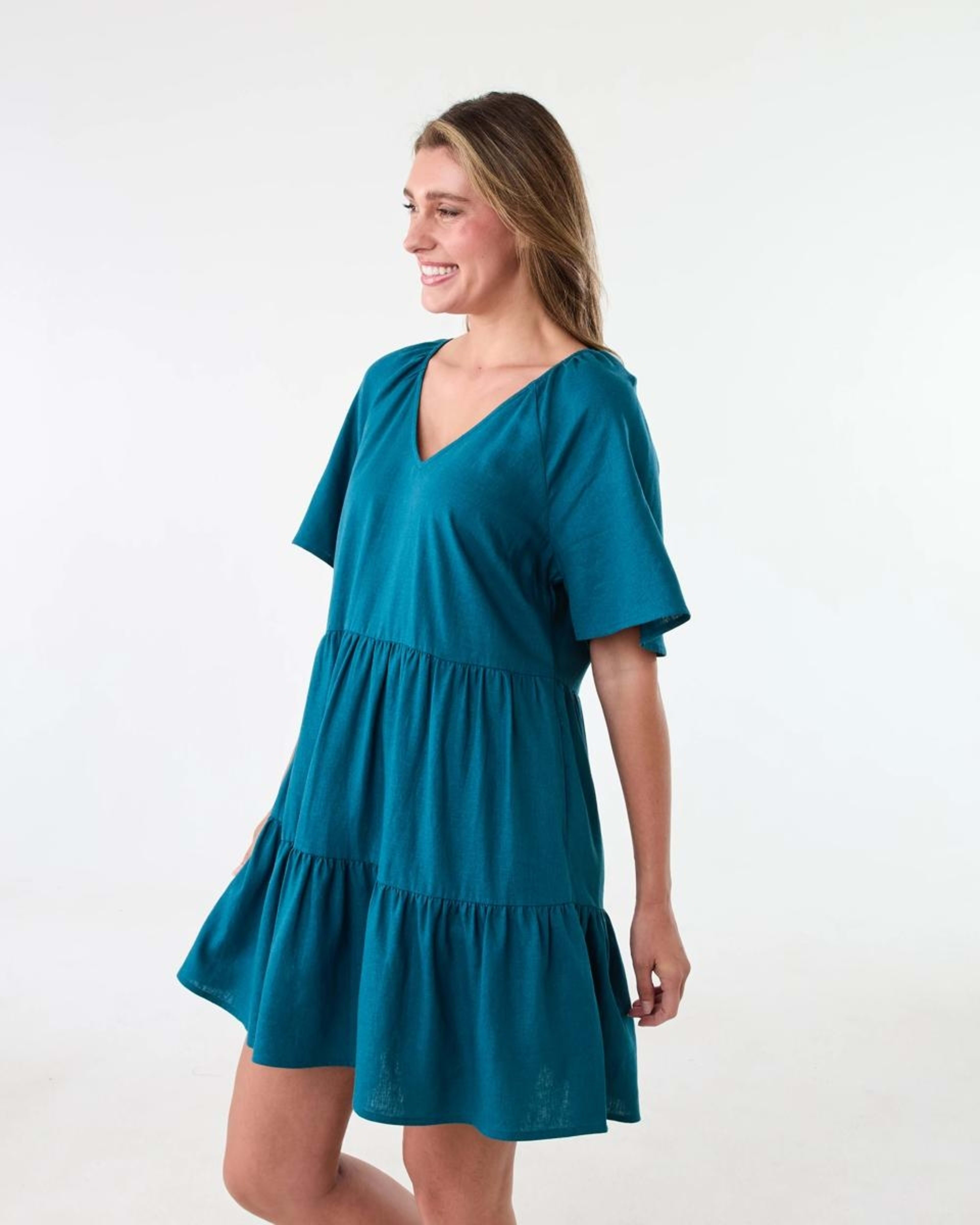 2 Short Sleeve Linen Blend Tiered Mini Dress Teal Coral, 2 of 9