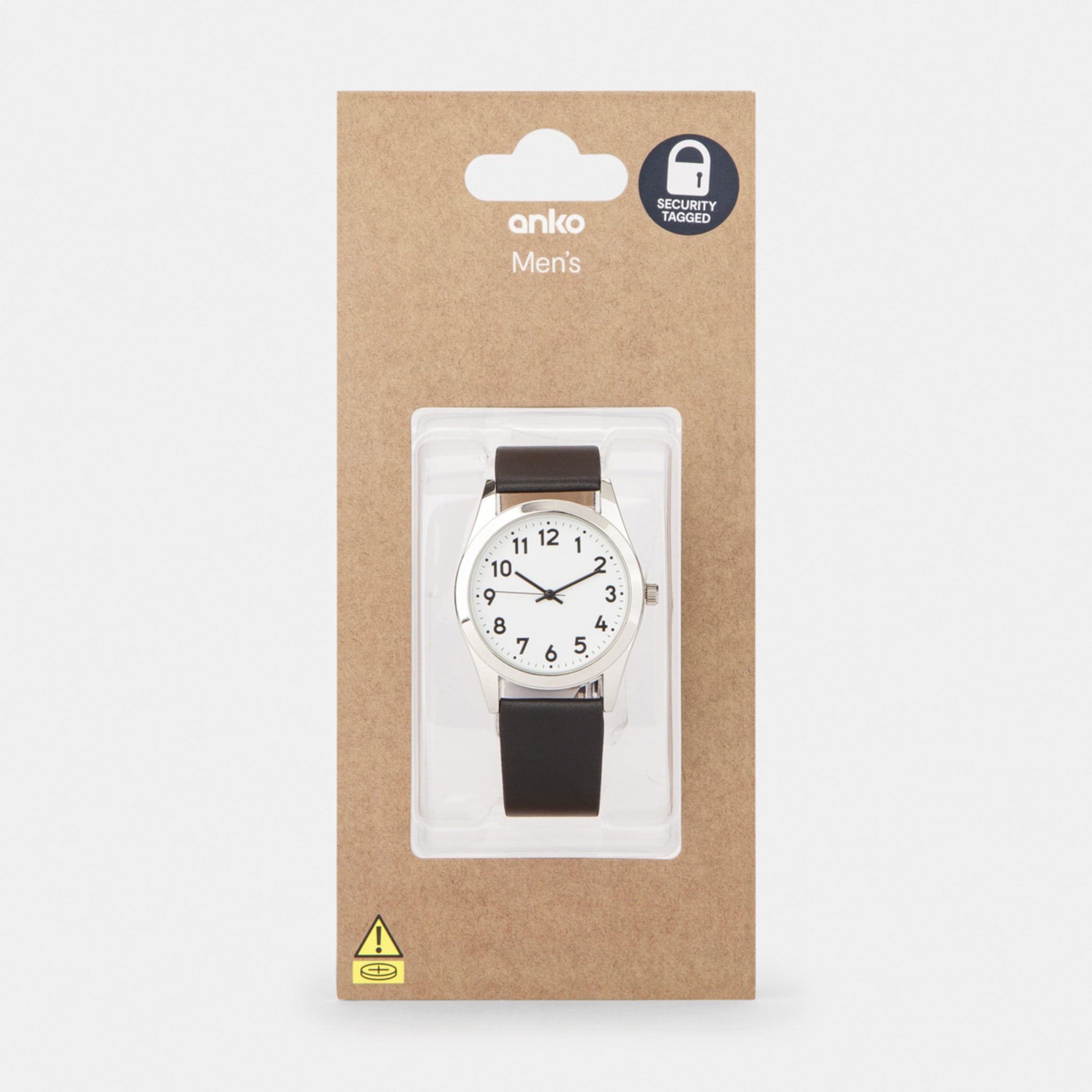 Mens Classic Analogue Watch with Silver Case & Black Strap Kmart