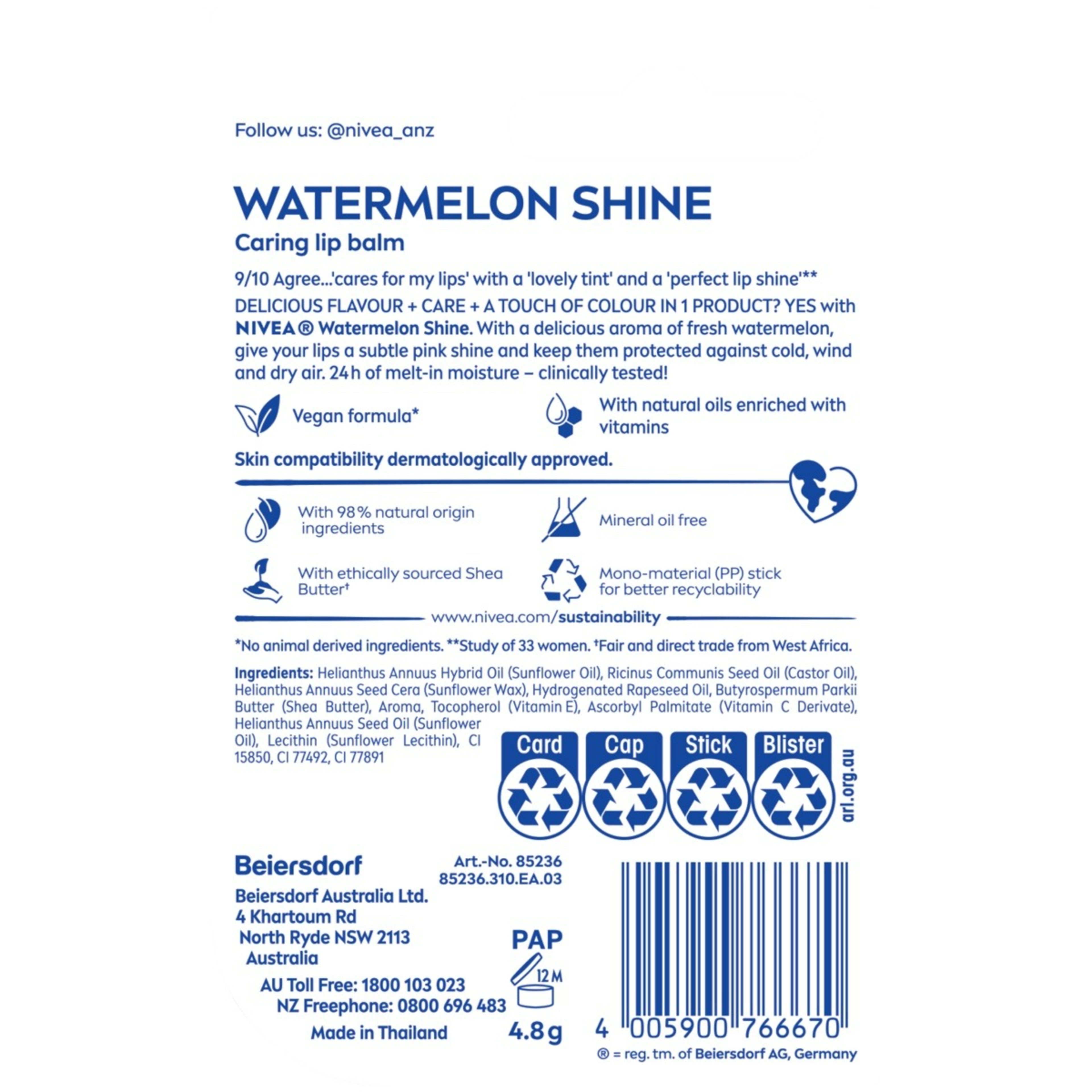 2 Nivea Watermelon Shine Caring Lip Balm 4.8g - Shea Butter and Natural Oils, 2 of 8