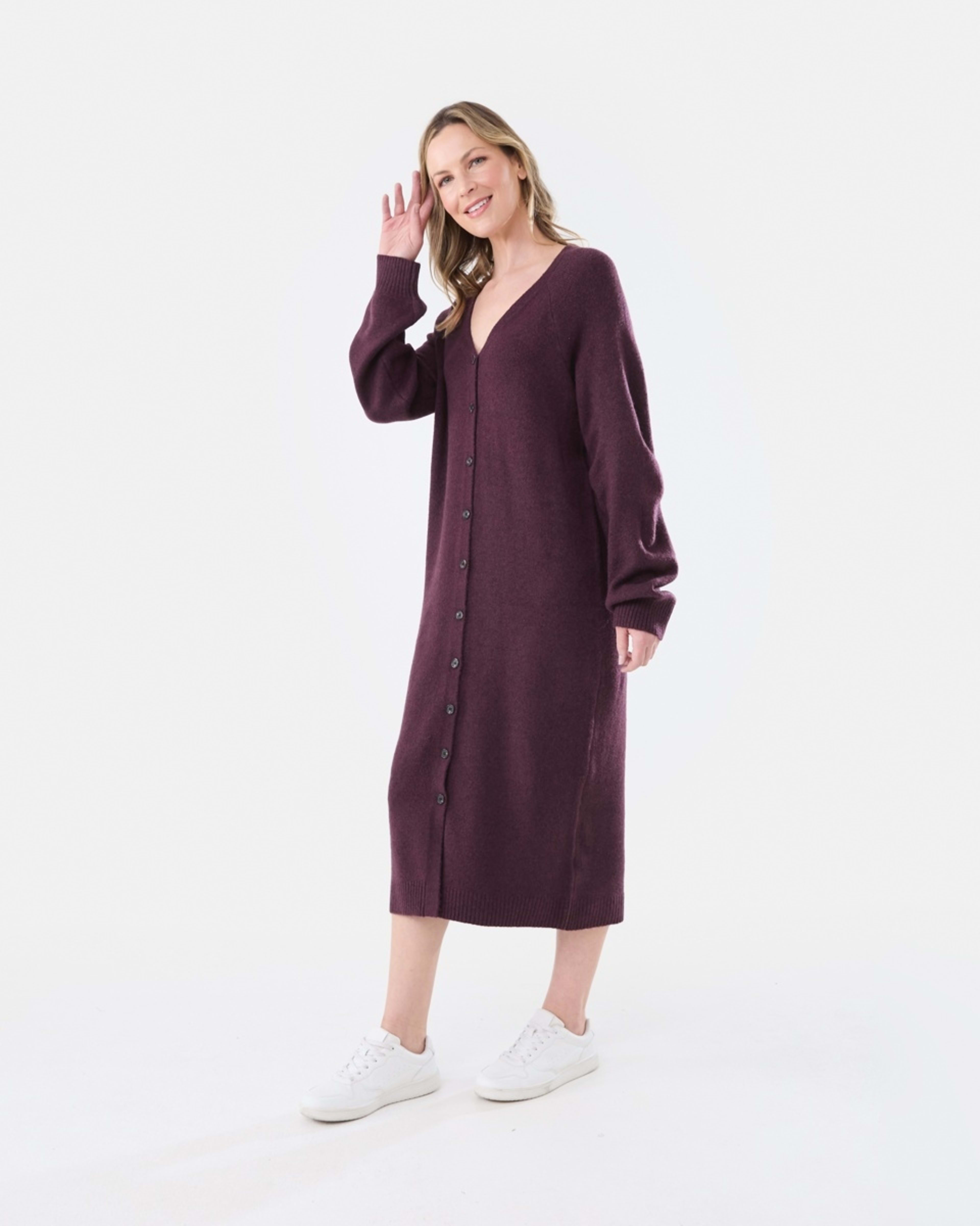 2 Long Sleeve Cardigan Knit Midi Dress Mulberry, 2 of 5