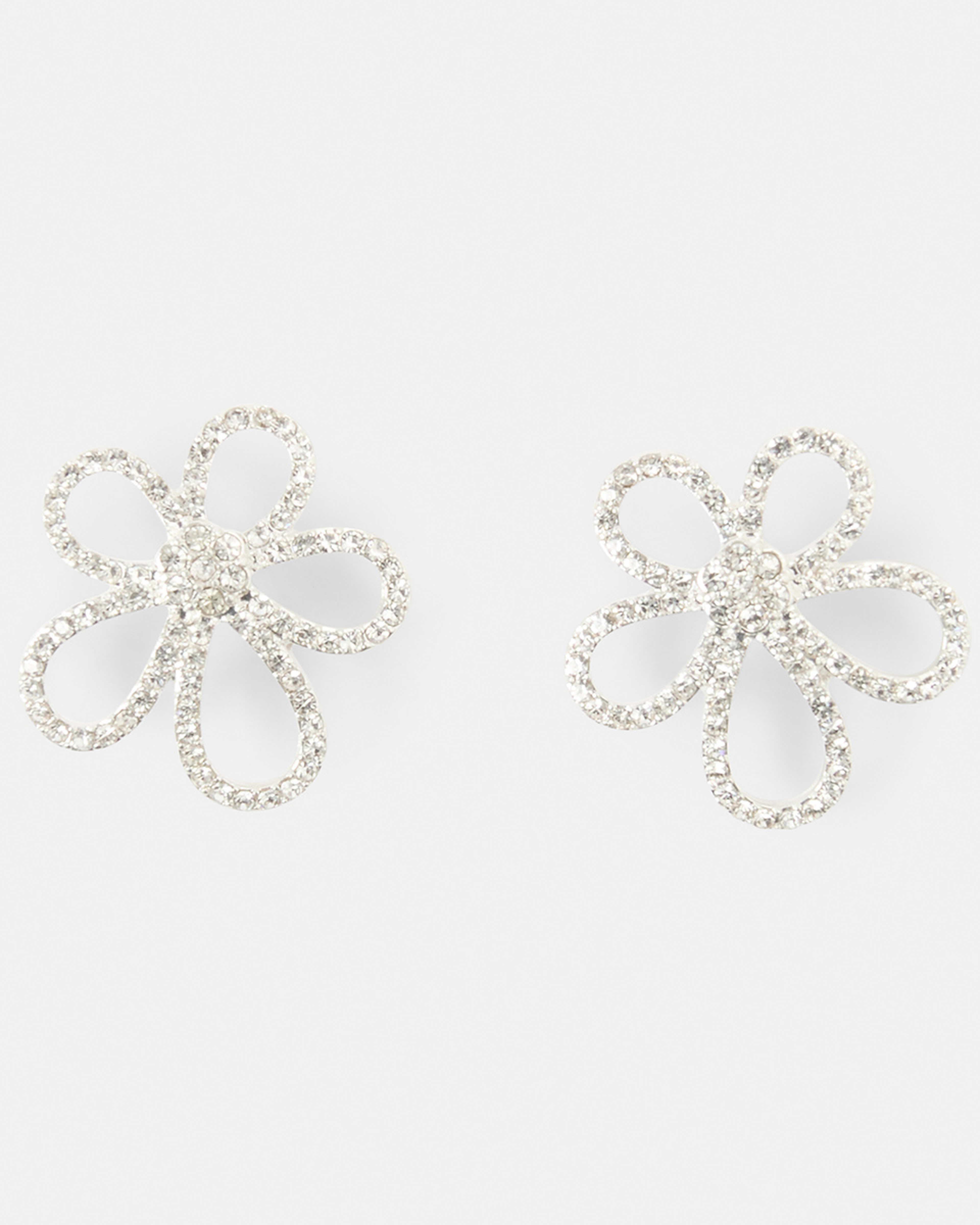 1 Diamante Flower Stud Earrings - Silver Tone Silver