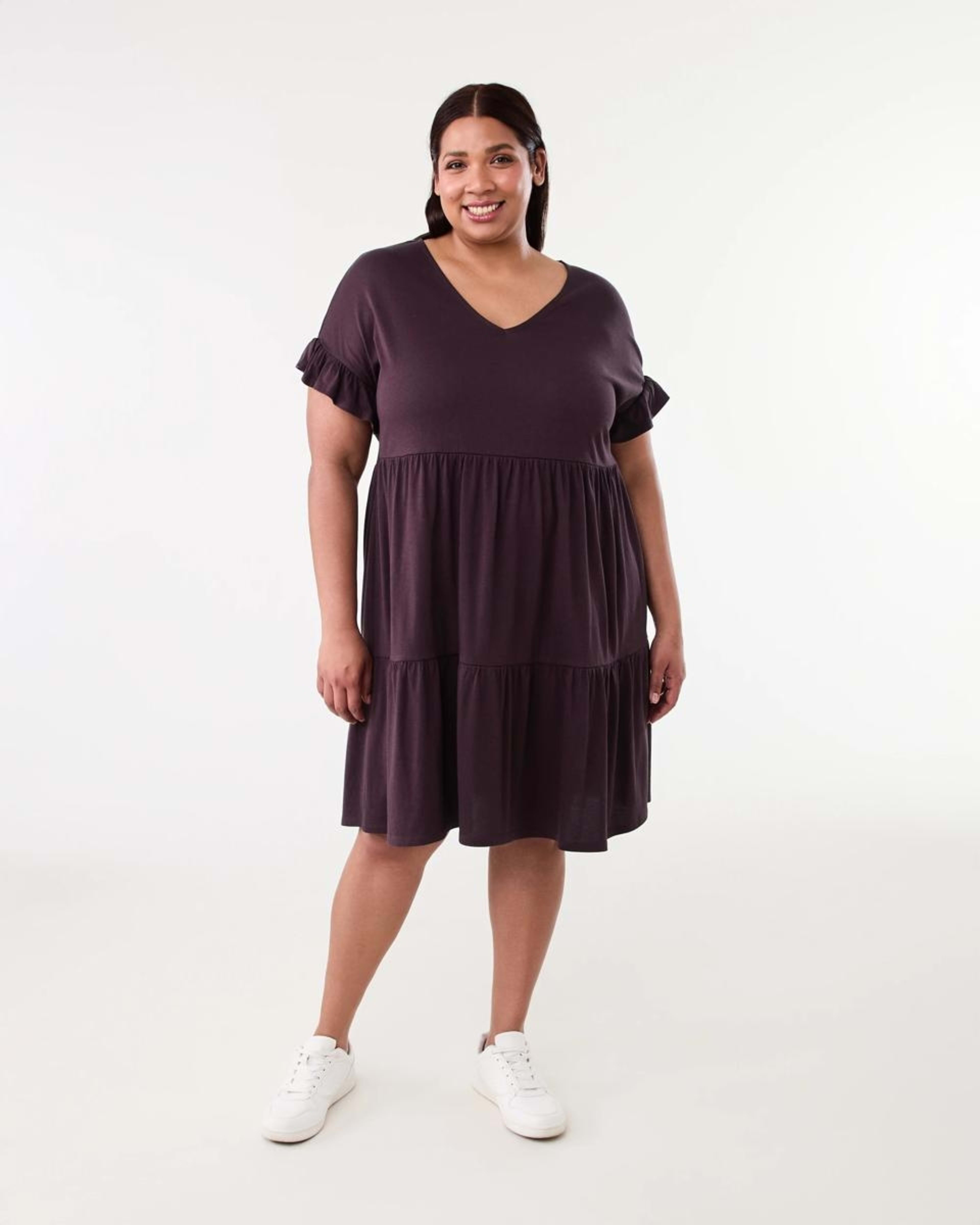 8 Curve Short Sleeve Frill Tier Knit Mini Dress Fudge, 8 of 8