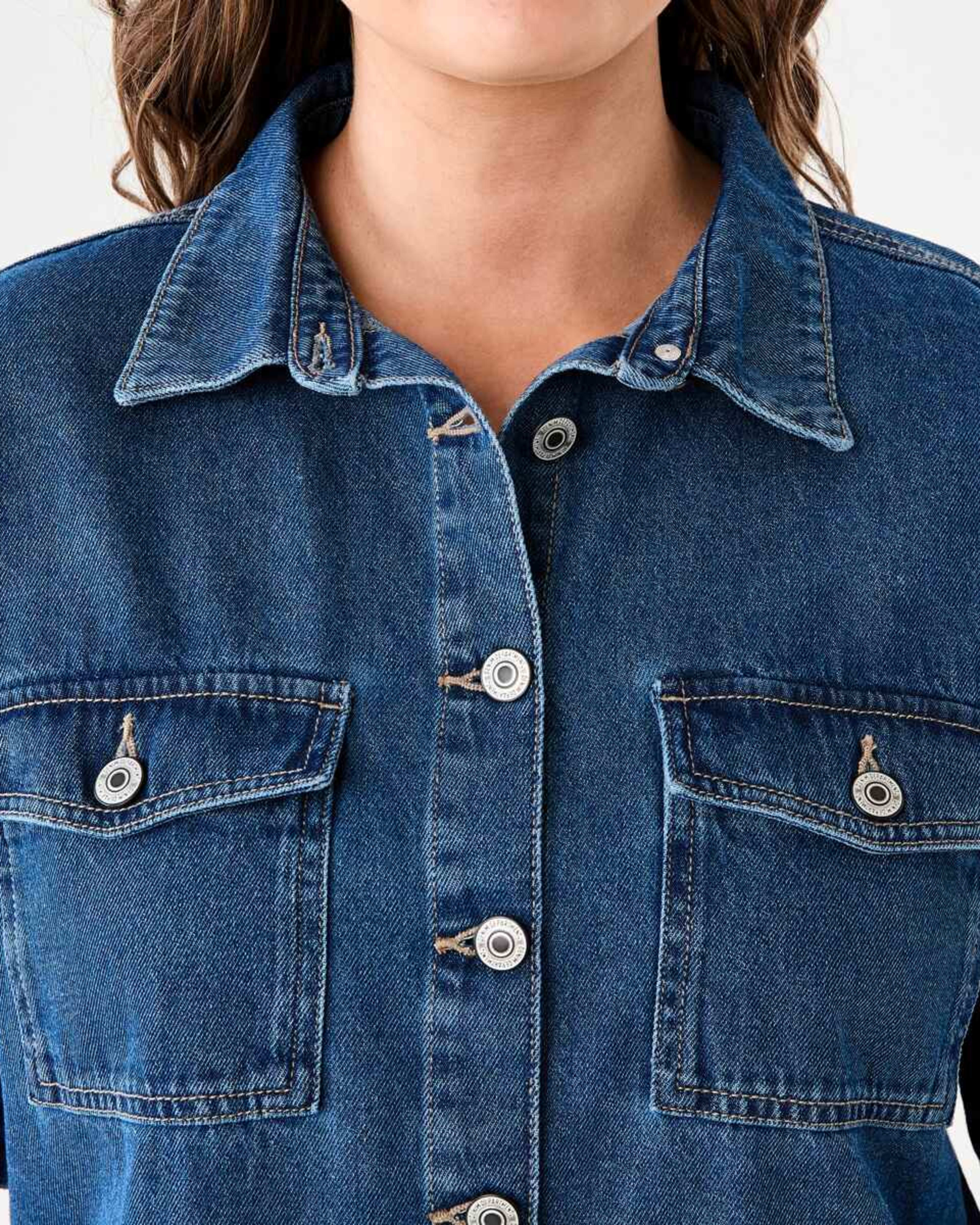 5 Short Sleeve Denim Cropped Shirt MID BLUE DENIM WASH, 5 of 6