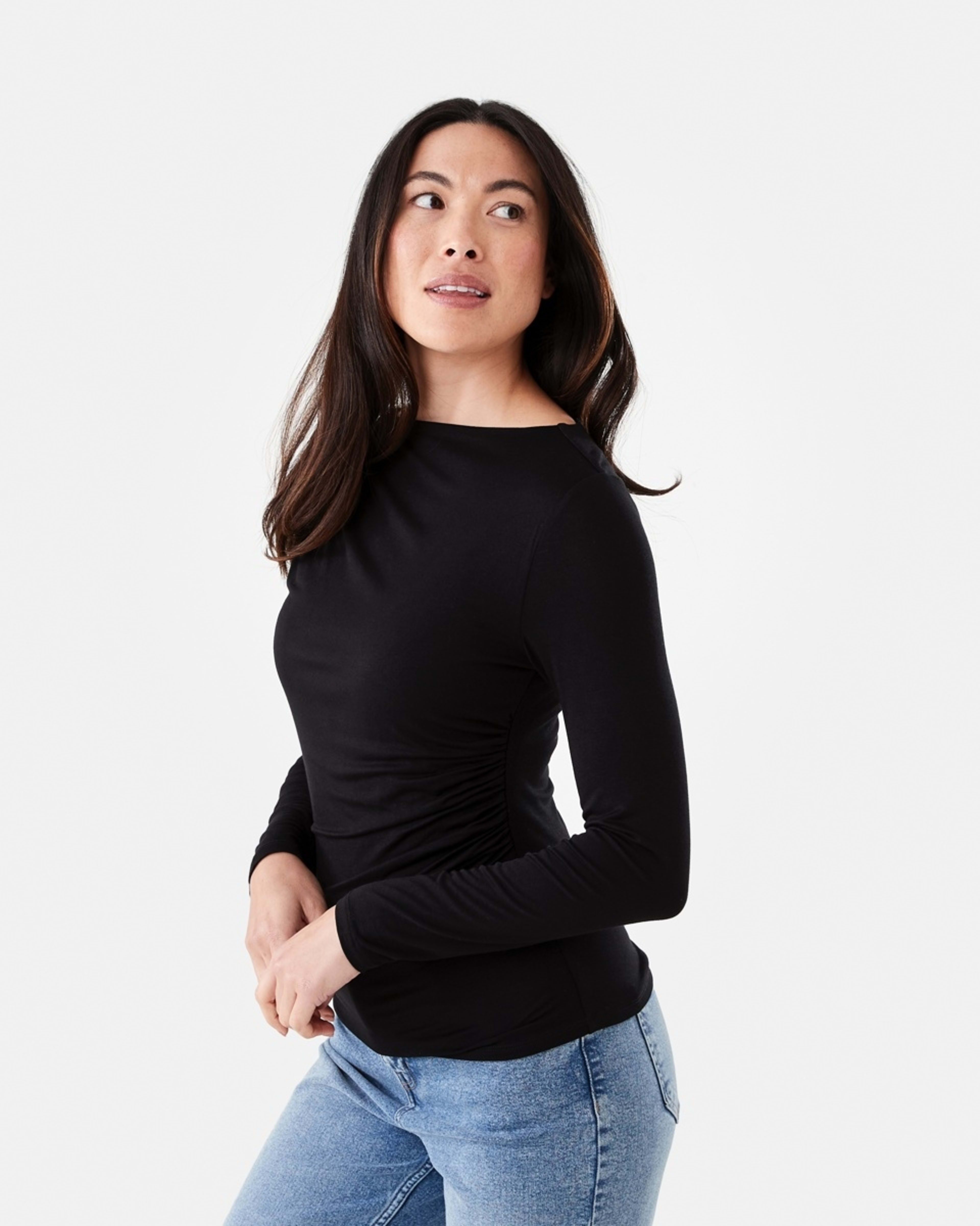 2 Long Sleeve Ruched Shoulder Top Black, 2 of 6