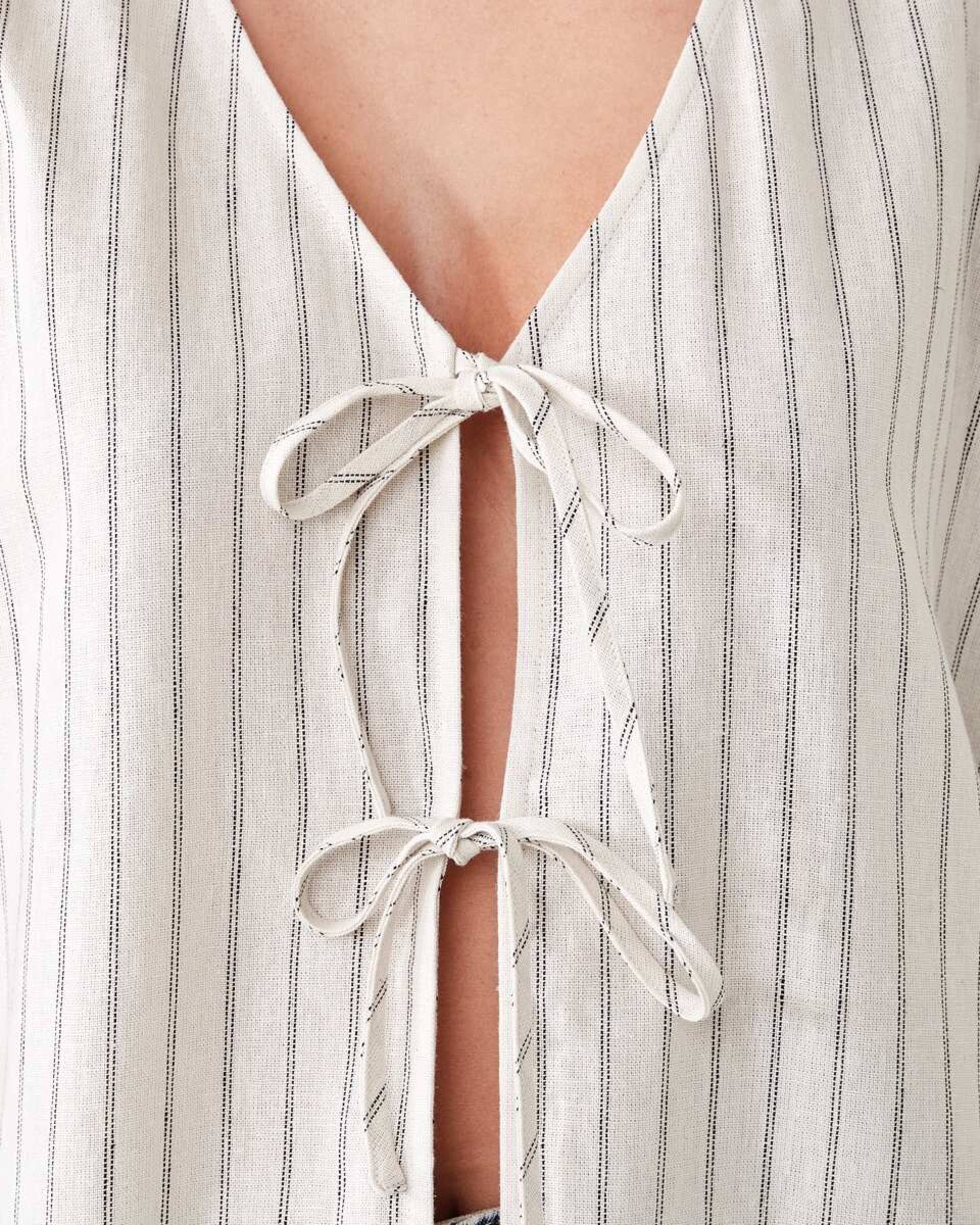 5 Long Sleeve Tie Front Linen Blend Top DOUBLE STRIPE, 5 of 5