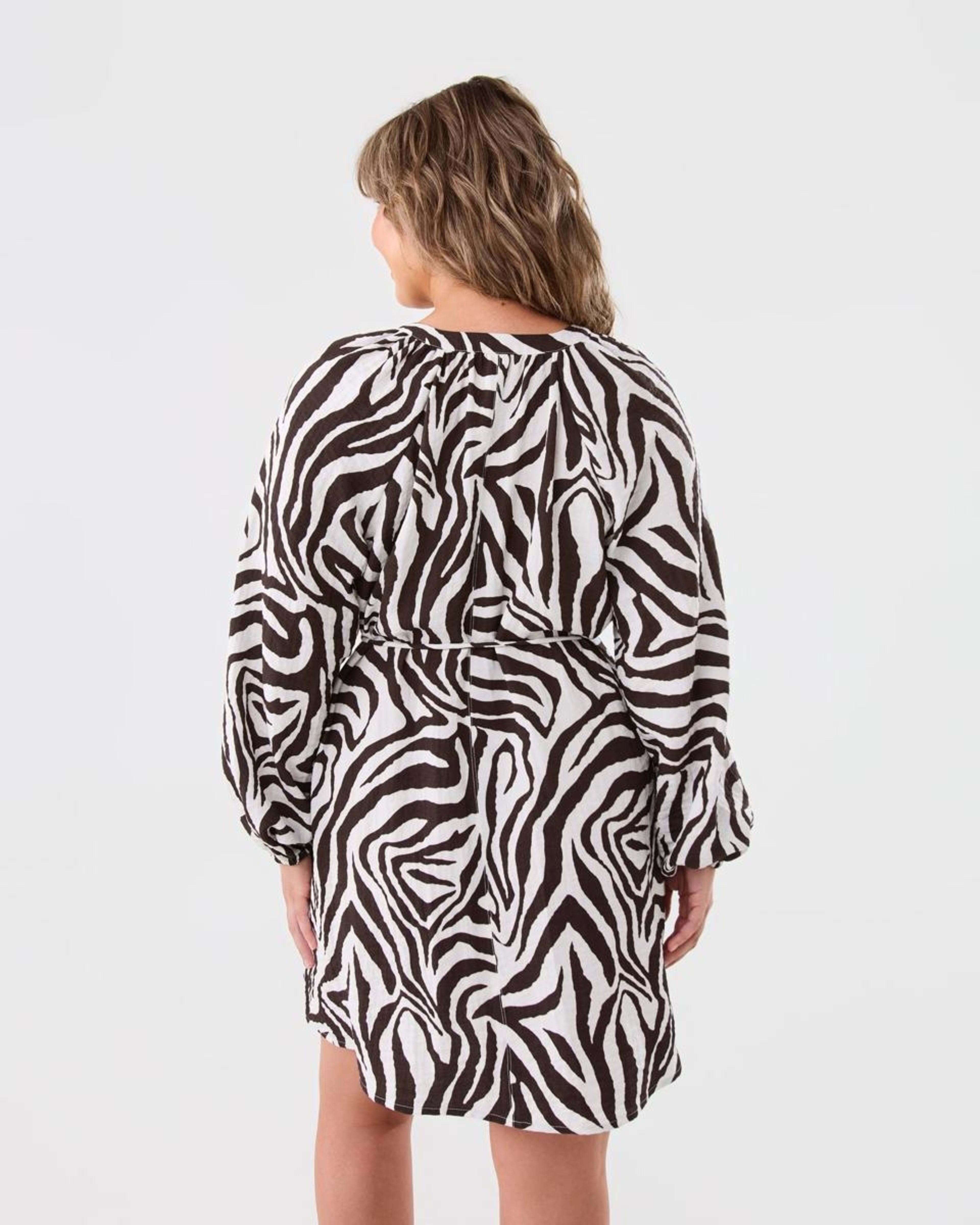 3 Long Sleeve Textured Tie Mini Dress Zebra, 3 of 8