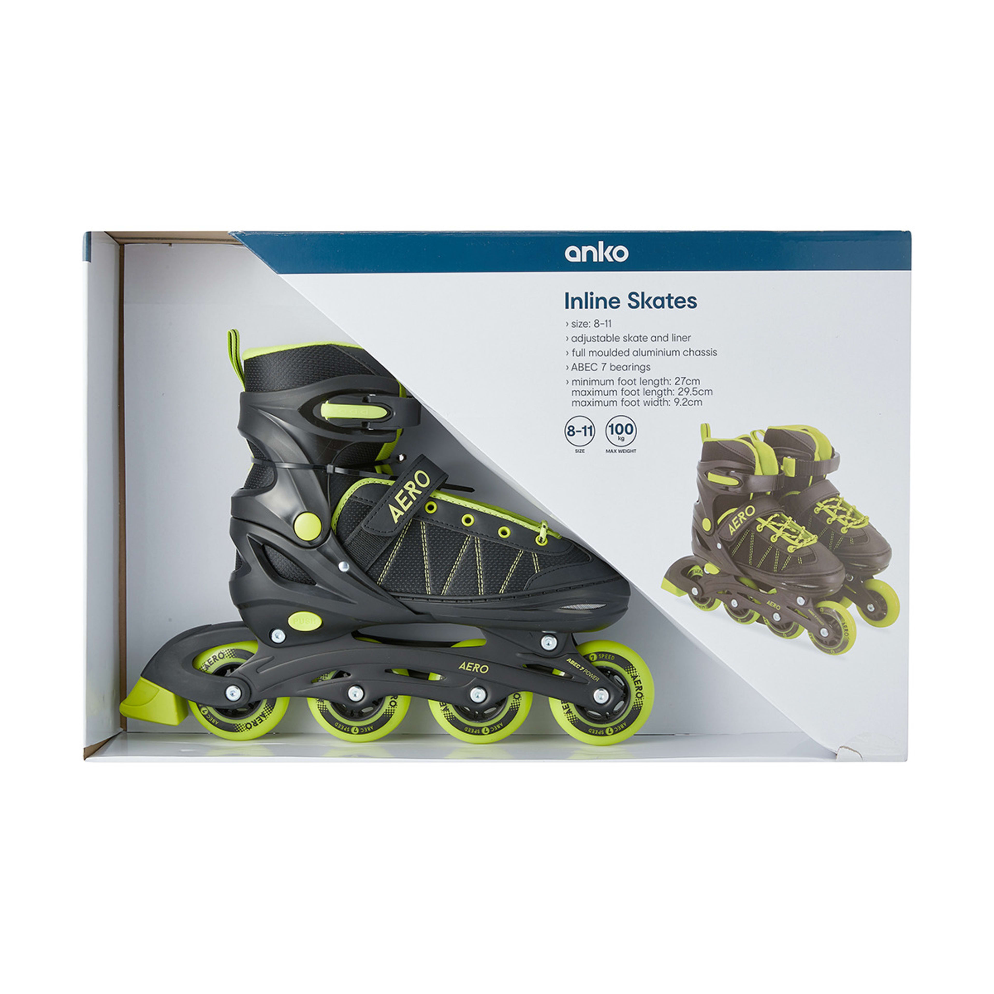 Inline Skates Black and Green, Size 8 to 11 Kmart