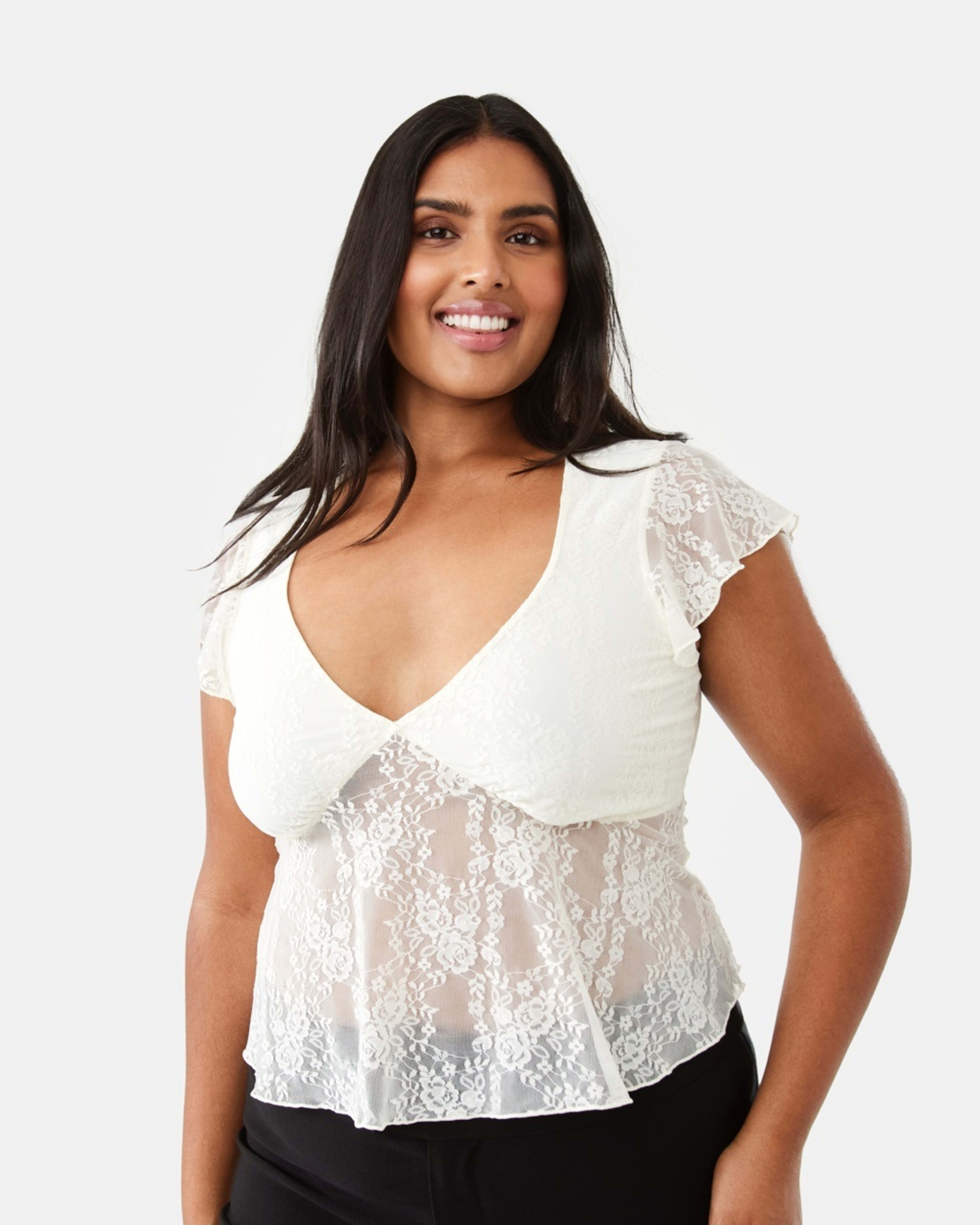 3 Short Sleeve Lace Babydoll Top Prtn White, 3 of 10