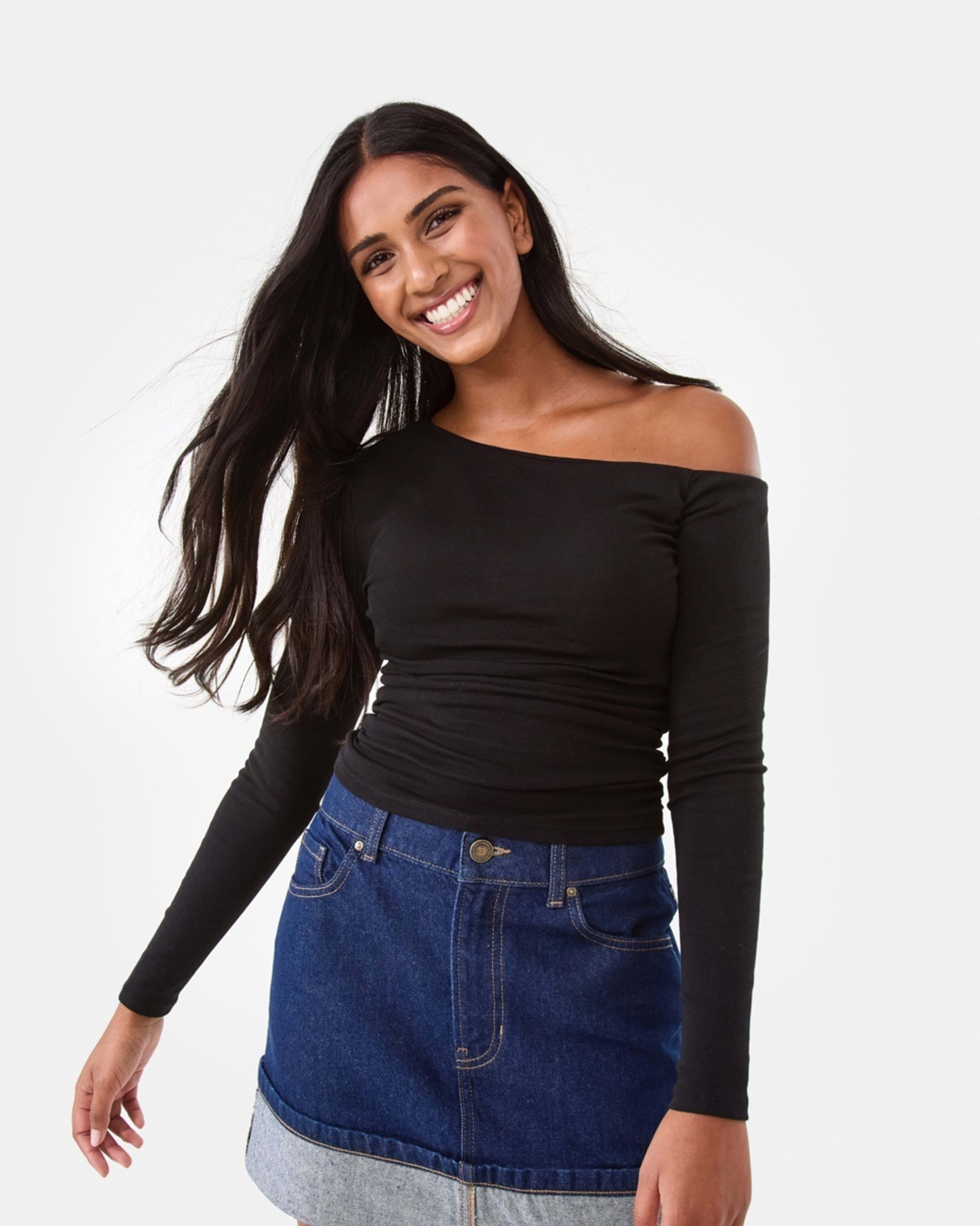 1 Long Sleeve Off Shoulder Ruched Top Black