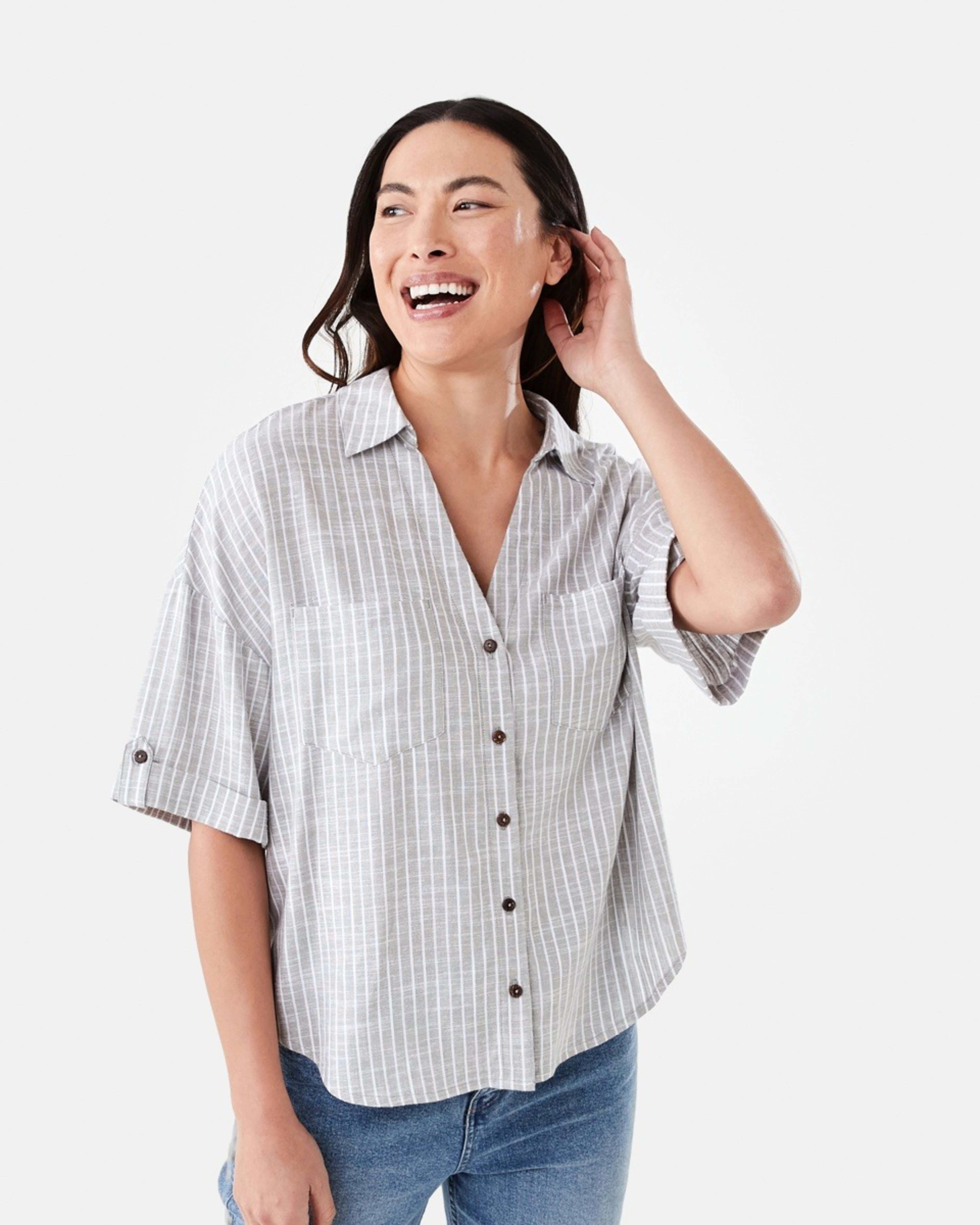 1 Short Sleeve Roll Sleeve Tab Shirt OLIVIA STRIPE LIGHT KHAKI