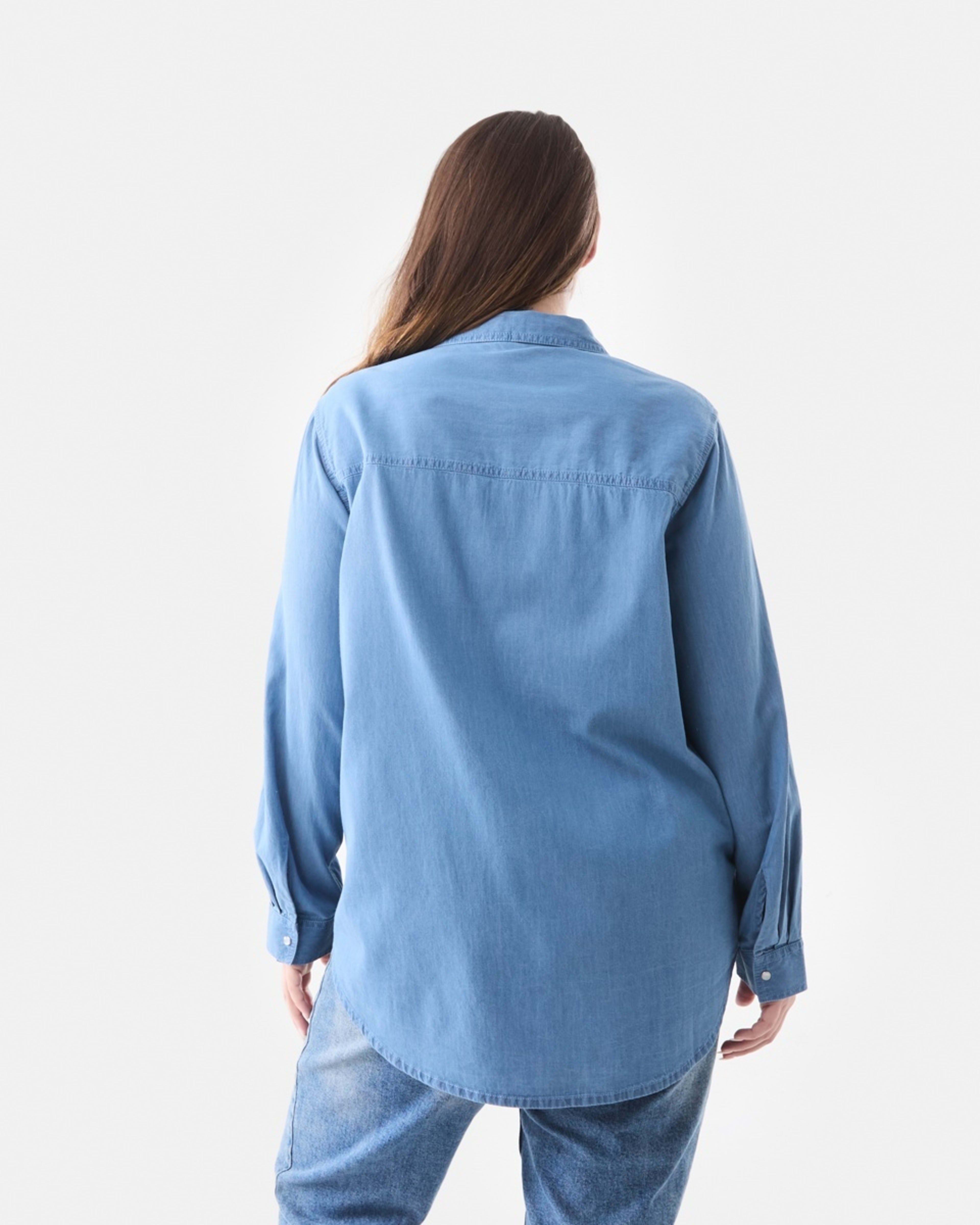 3 Curve Long Sleeve Denim Shirt Mid Blue Denim Wash, 3 of 5