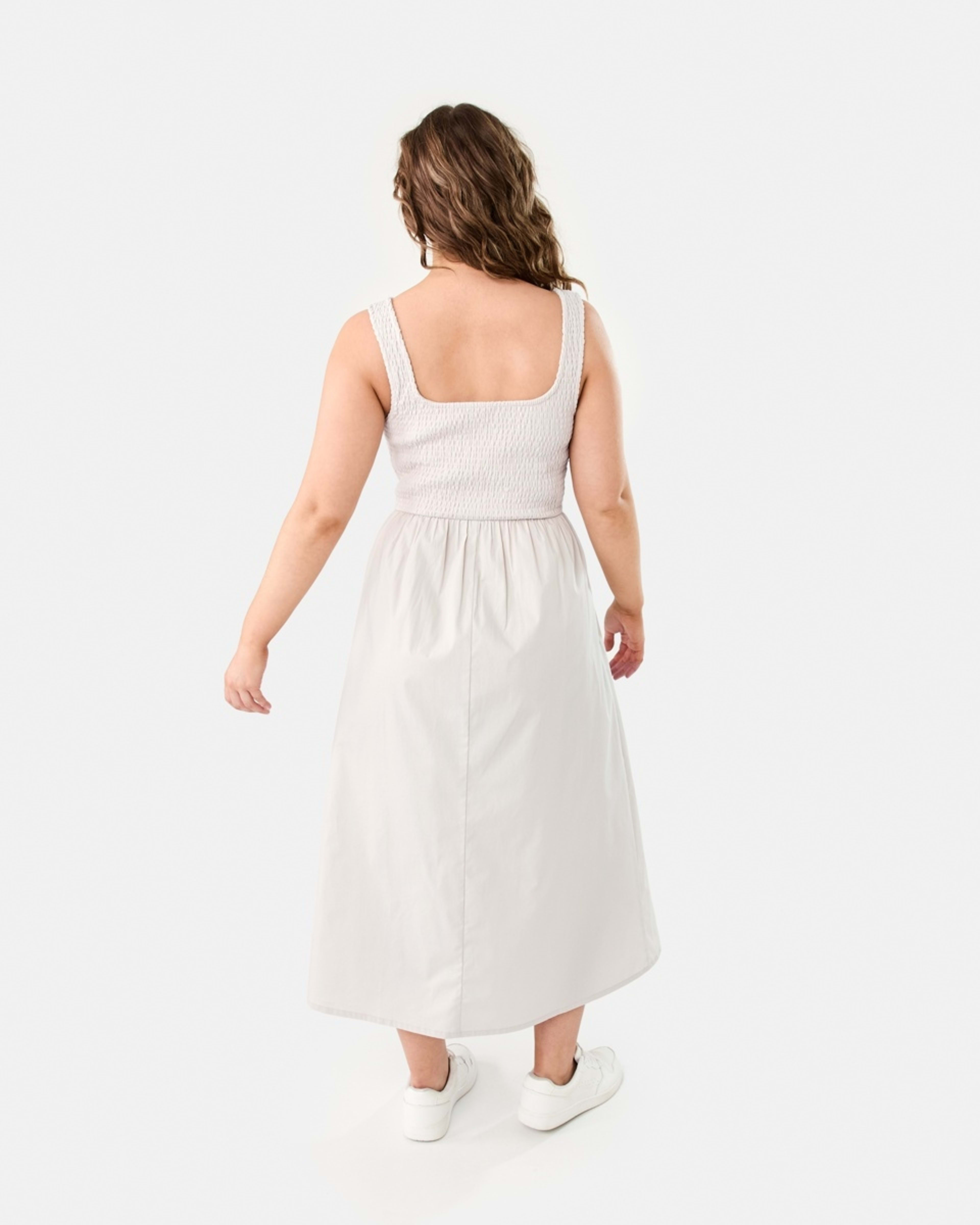 4 Sleeveless Shirred Knit Woven Midi Dress NATURAL BEIGE, 4 of 10