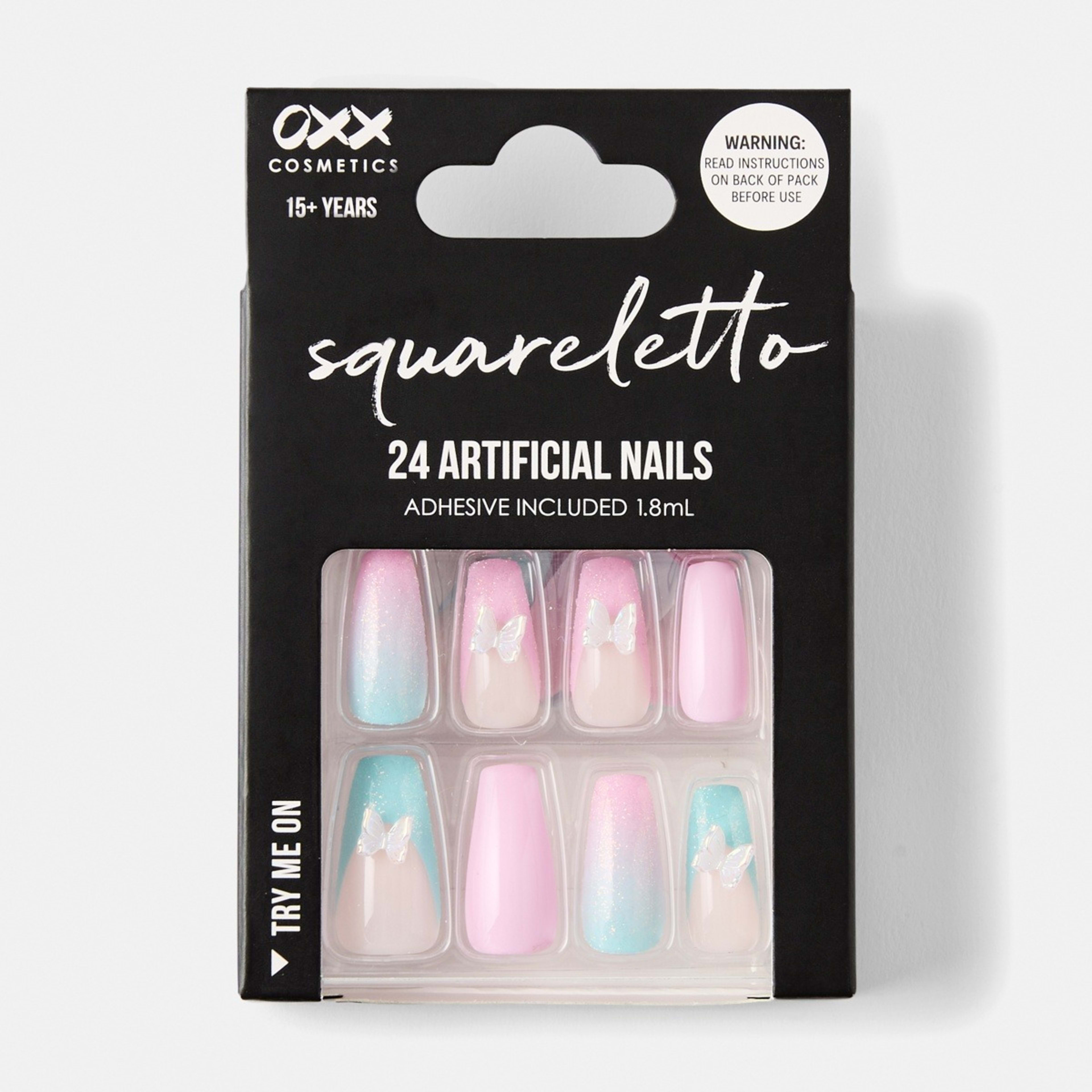 1 OXX Cosmetics 24 Pack Artificial Nails with Adhesive - Squareletto Shape, 3D Butterfly, 1 of 5