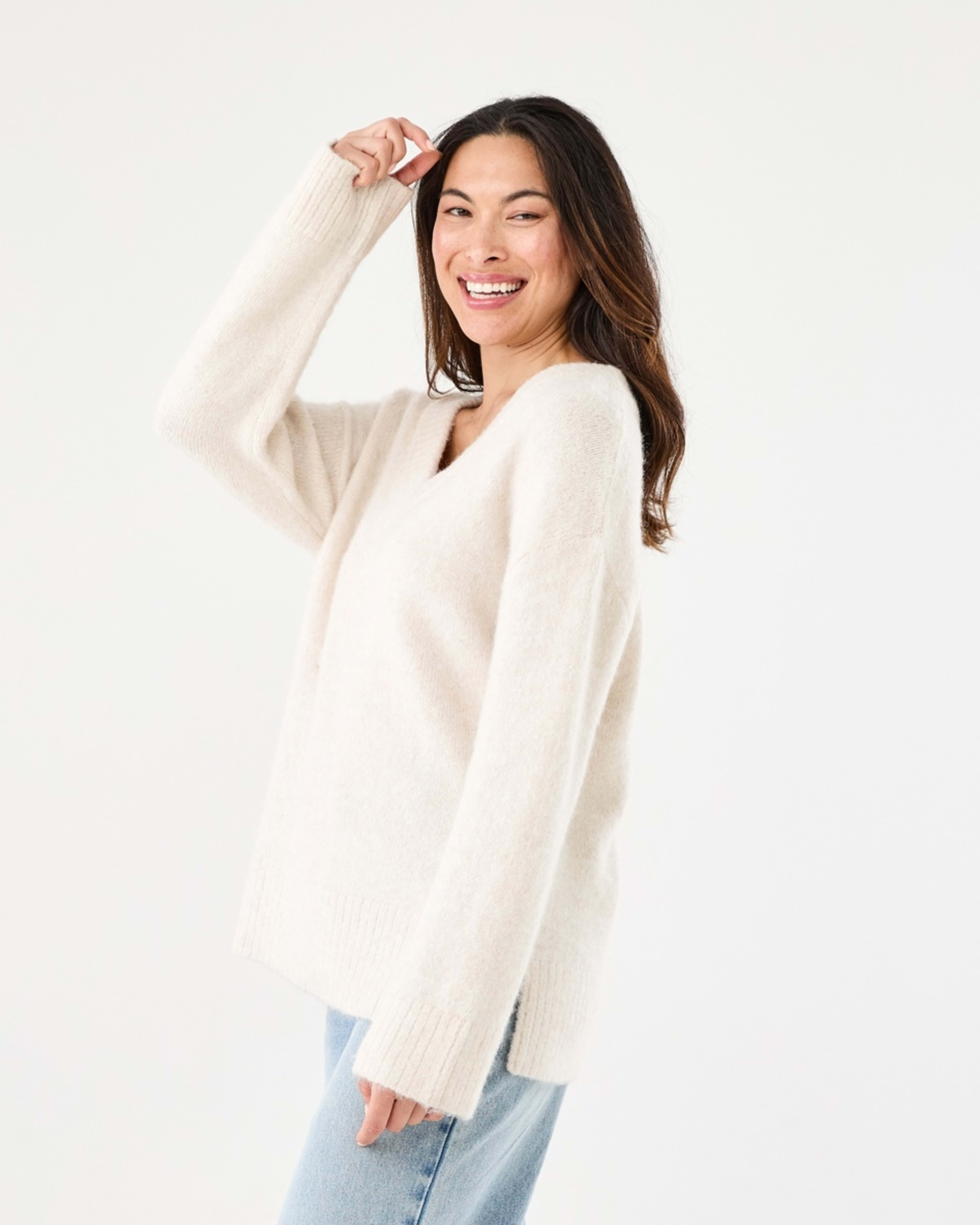 2 Fluffy V-Neck Jumper Beige Marl, 2 of 7