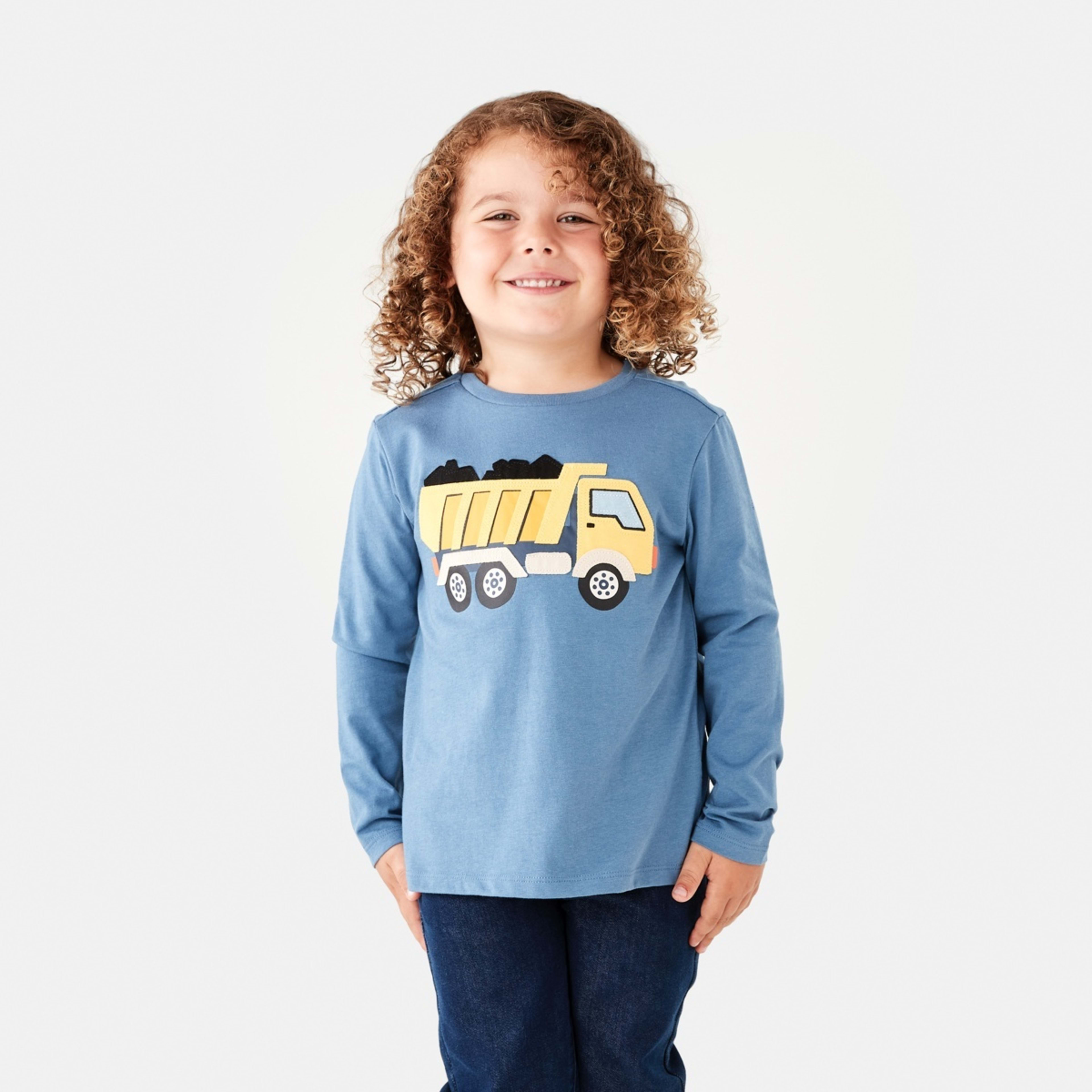 1 Long Sleeve Applique T-shirt Dump Truck Blue, 1 of 8