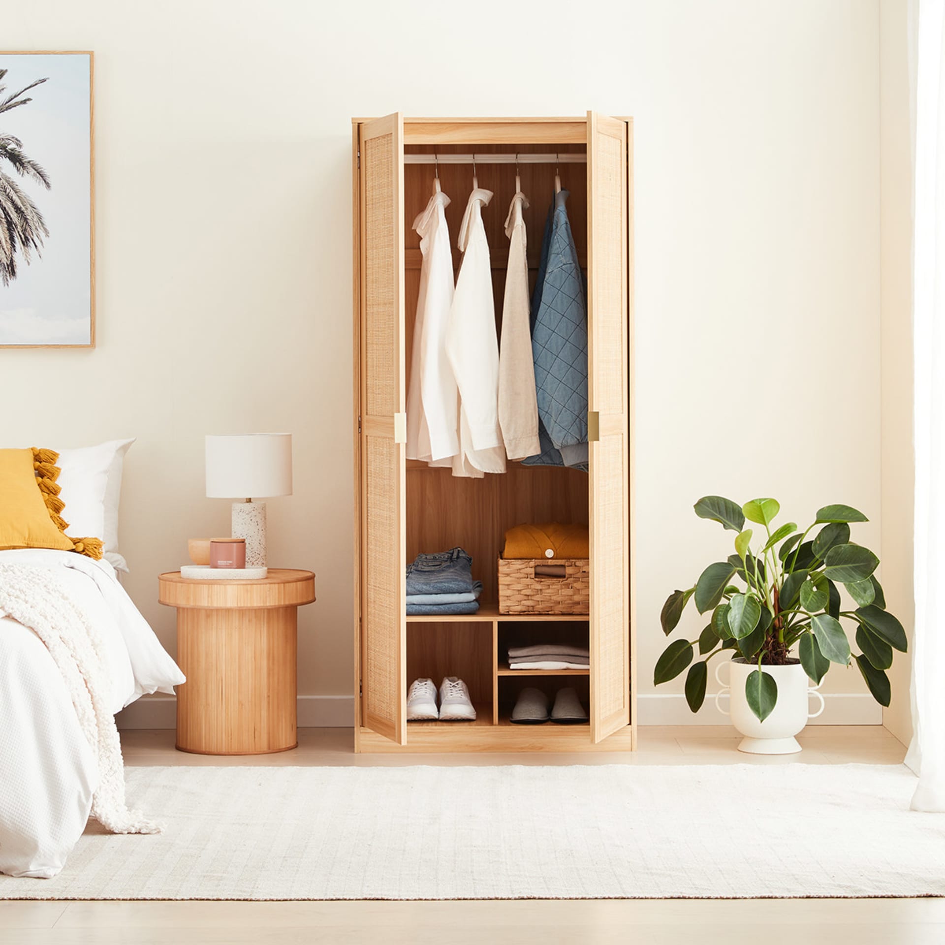 Rattan Wardrobe Double Hanging Storage with Shelf Kmart