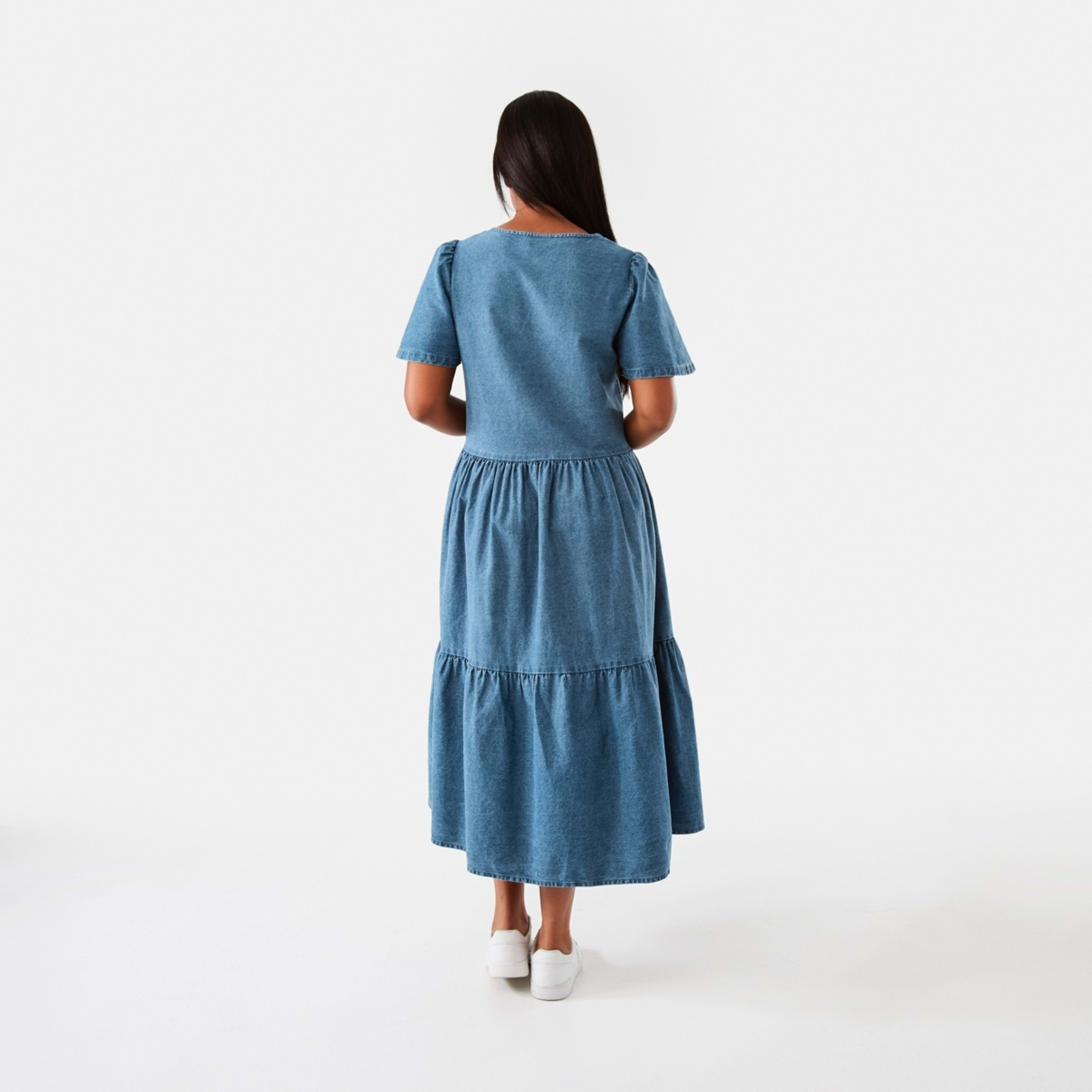 3 Short Sleeve Button Front Midi Dress Mid Wash, 3 of 7