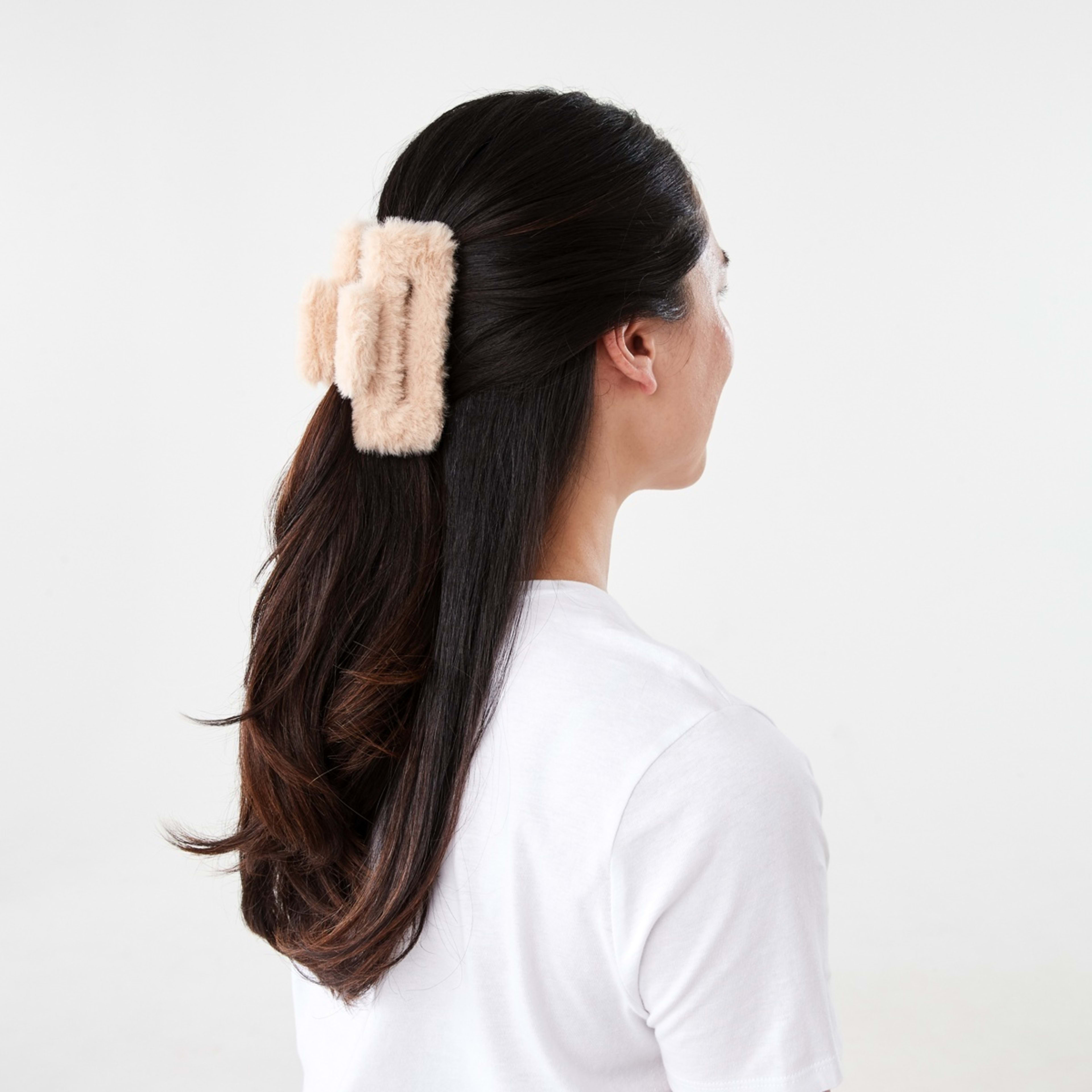 3 Beige Rectangle Fluffy Claw Hair Clip, 3 of 4