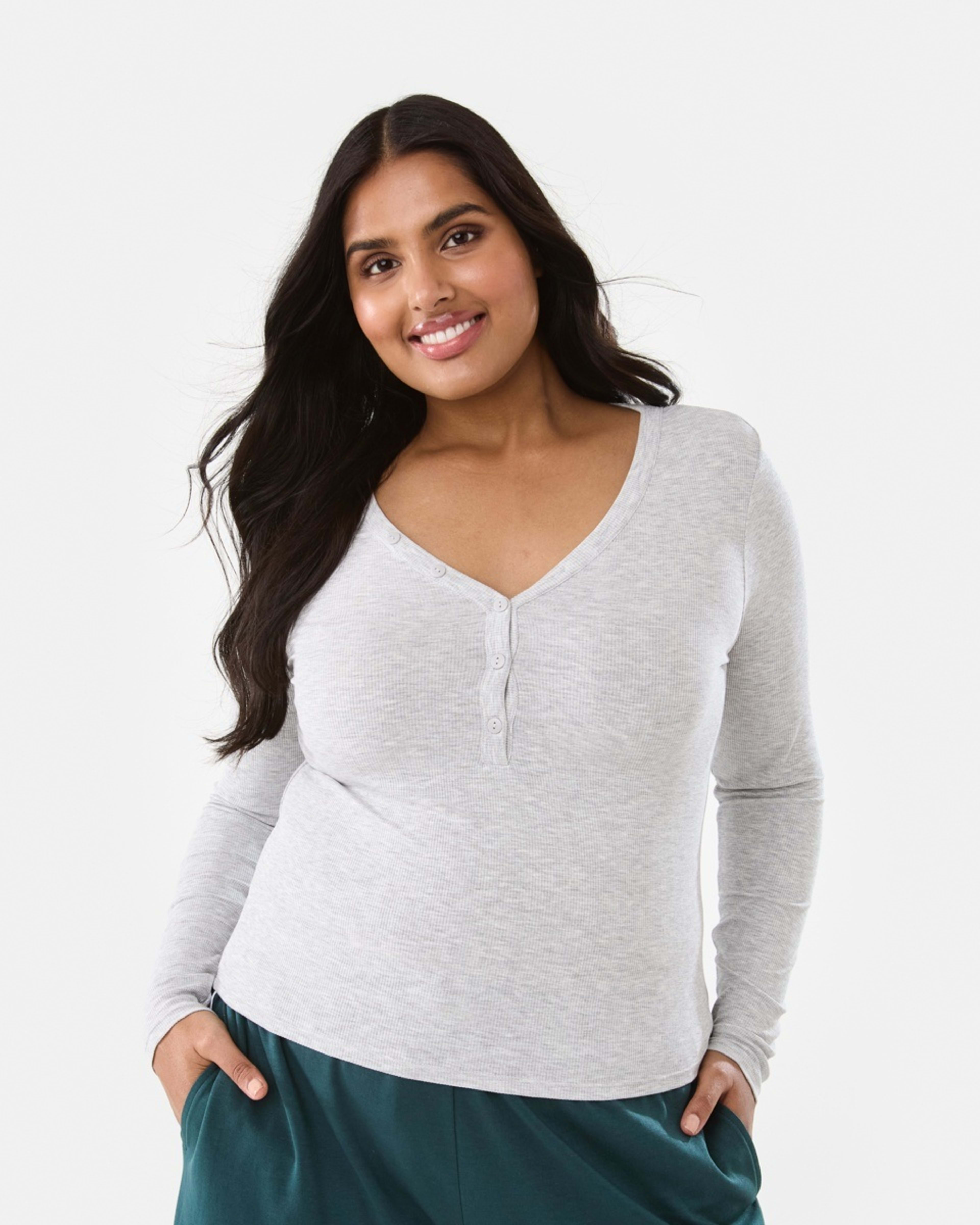 3 Long Sleeve Rib Henley Top Slvr Marle, 3 of 8