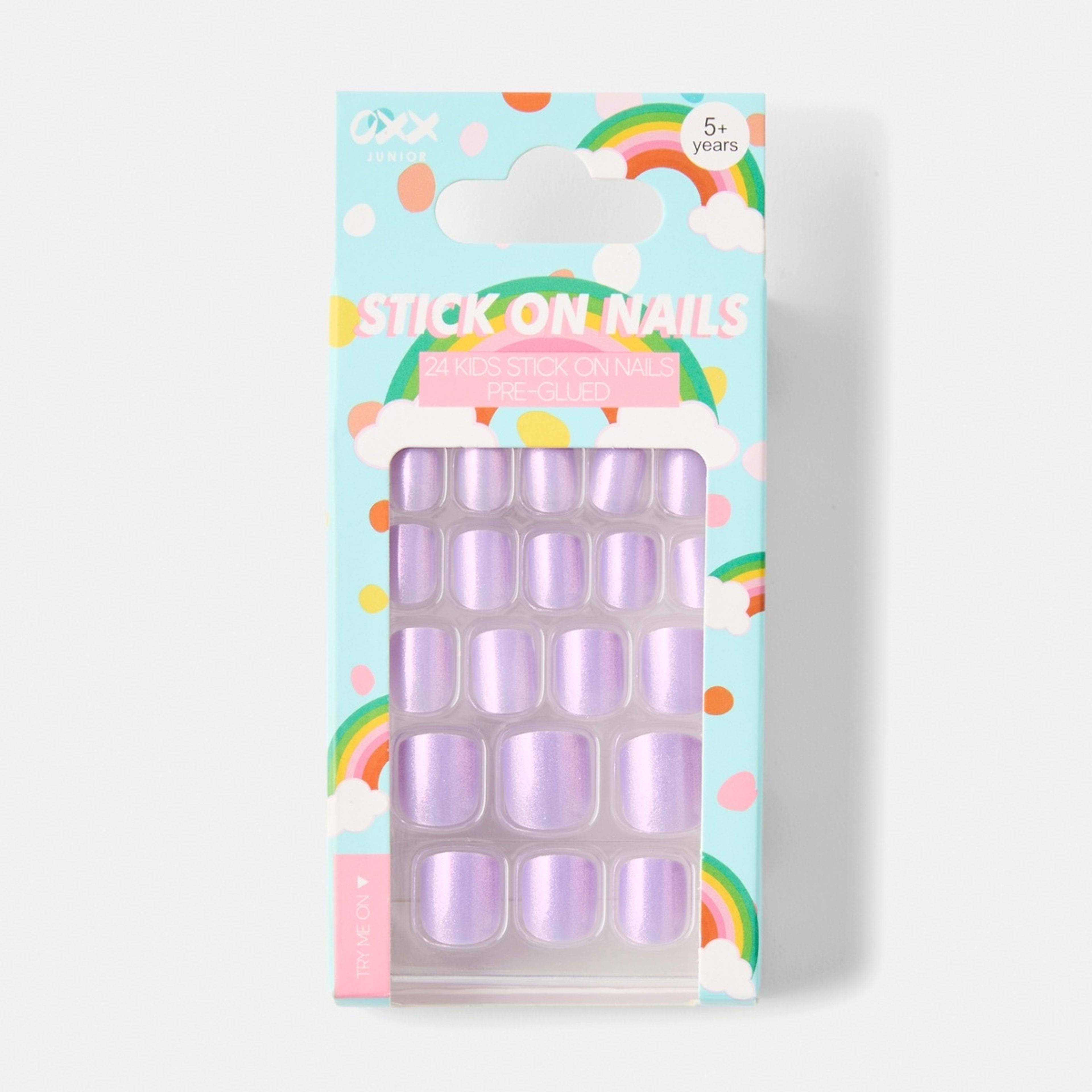1 OXX Junior 24 Pack Kids Pre-Glued Stick-On Nails - Purple Iridescent