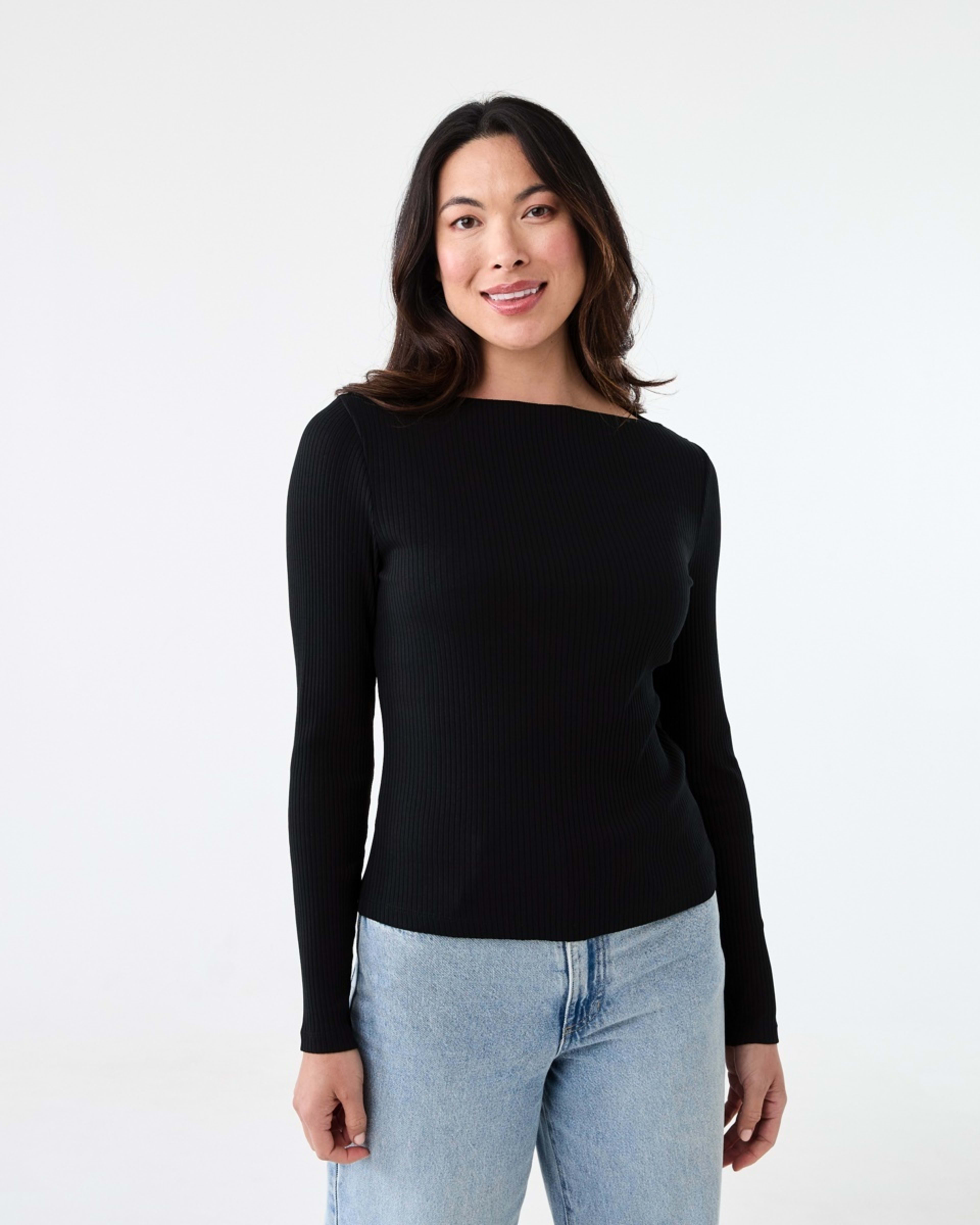 1 Long Sleeve Rib Boat Neck Top Black