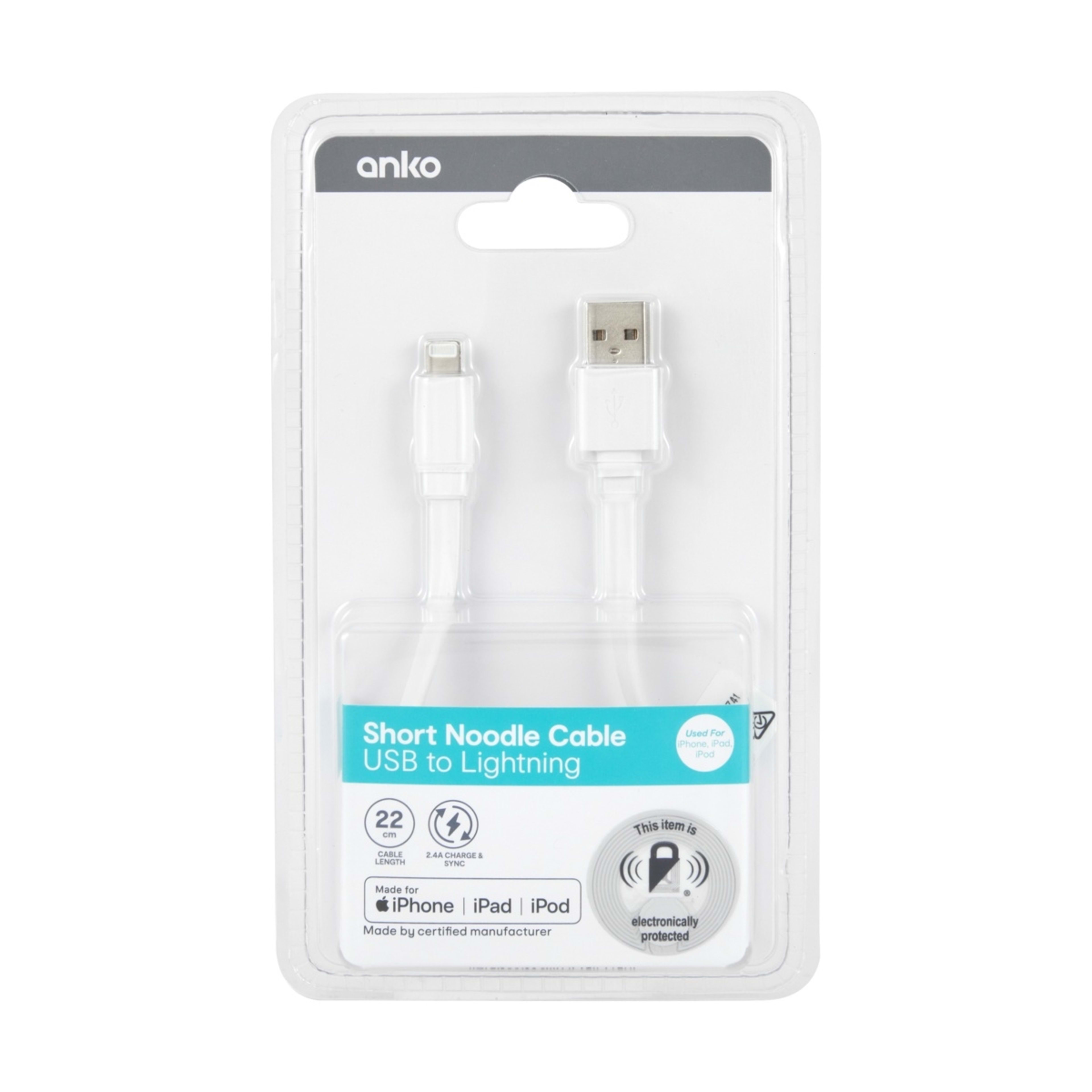 4 Short Noodle USB to Lightning Cable - 0.22m, White, 4 of 4