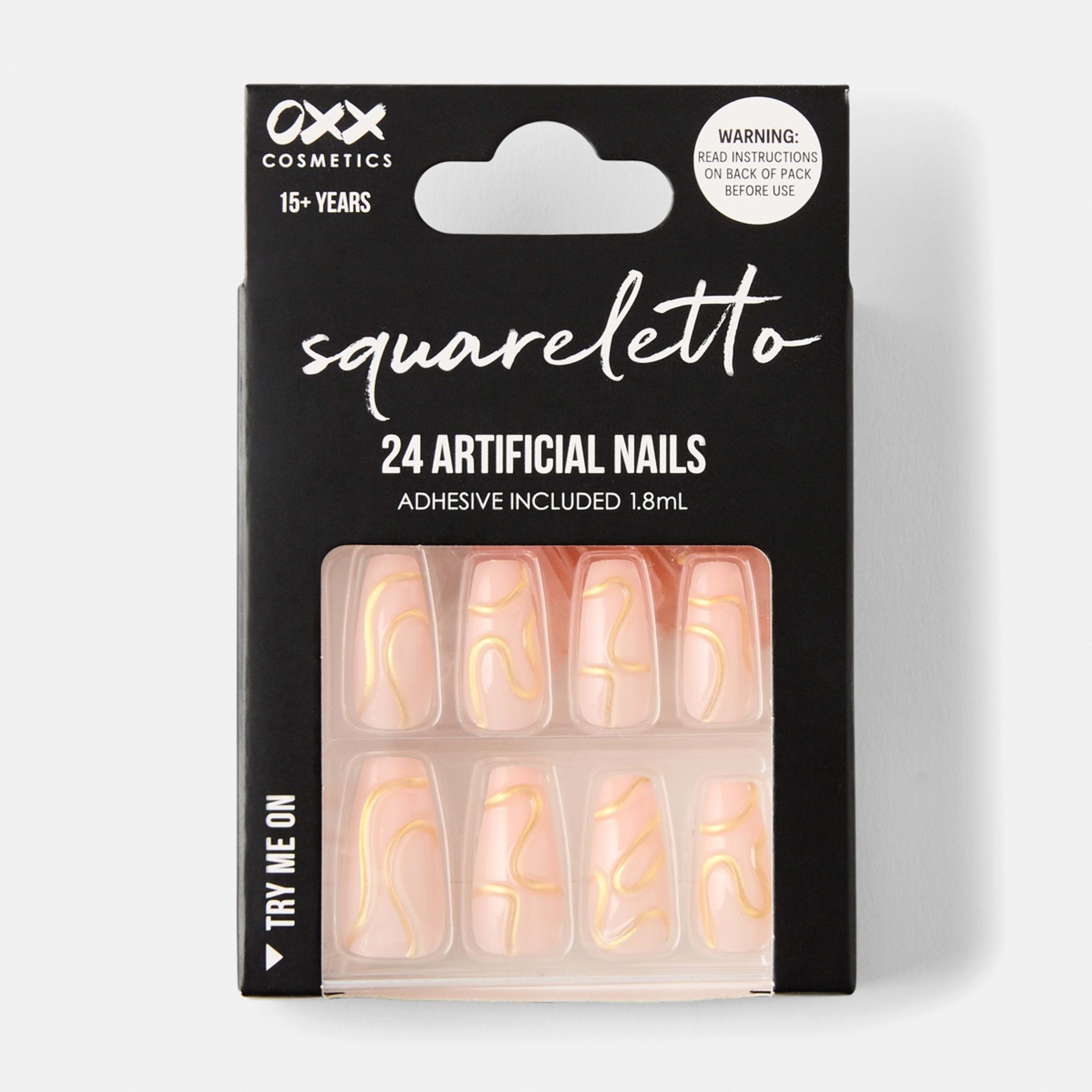 1 OXX Cosmetics 24 Pack Artificial Nails with Adhesive - Squareletto Shape, 3D Gold Swirl