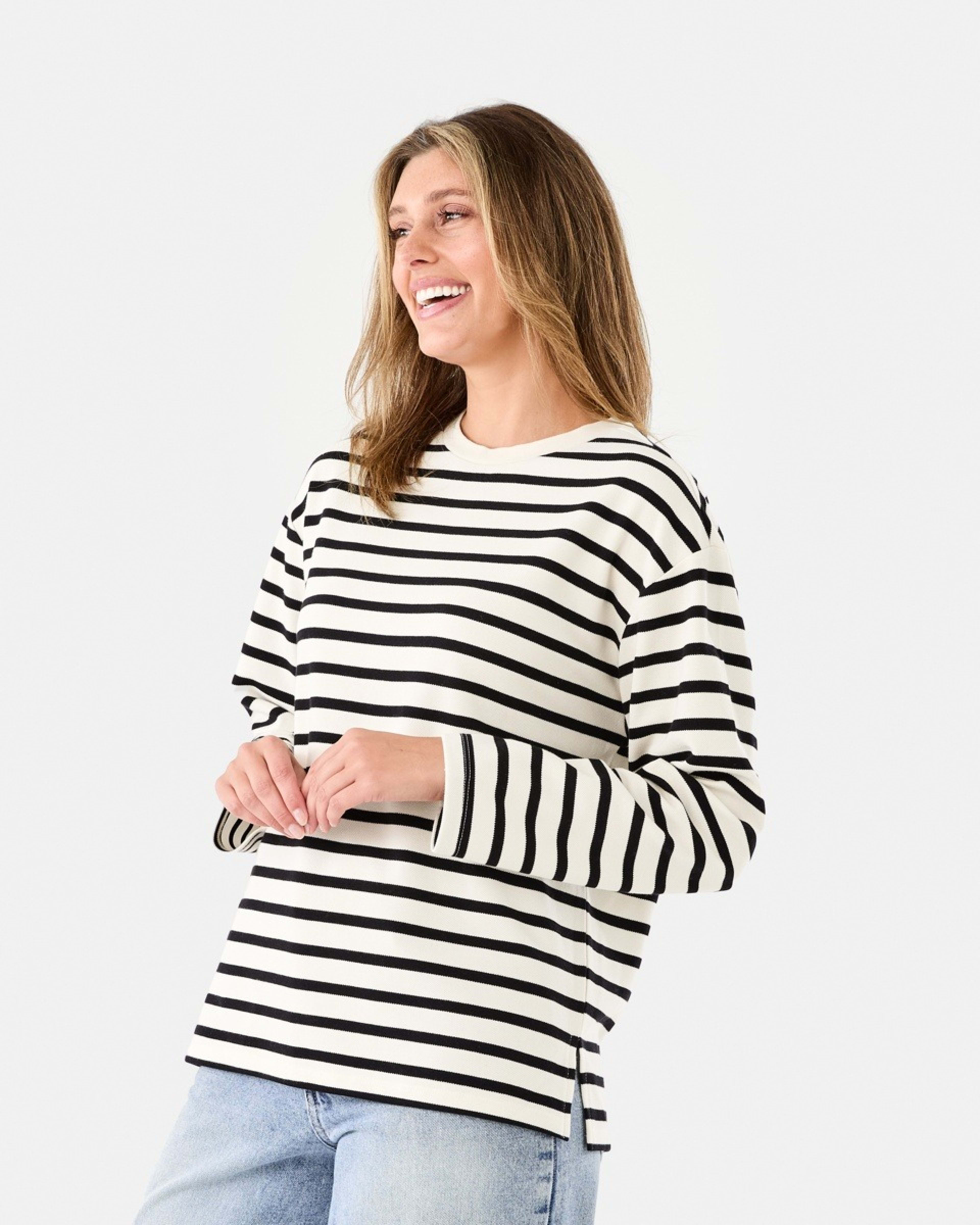 2 Long Sleeve Pique Top Beige Str, 2 of 6