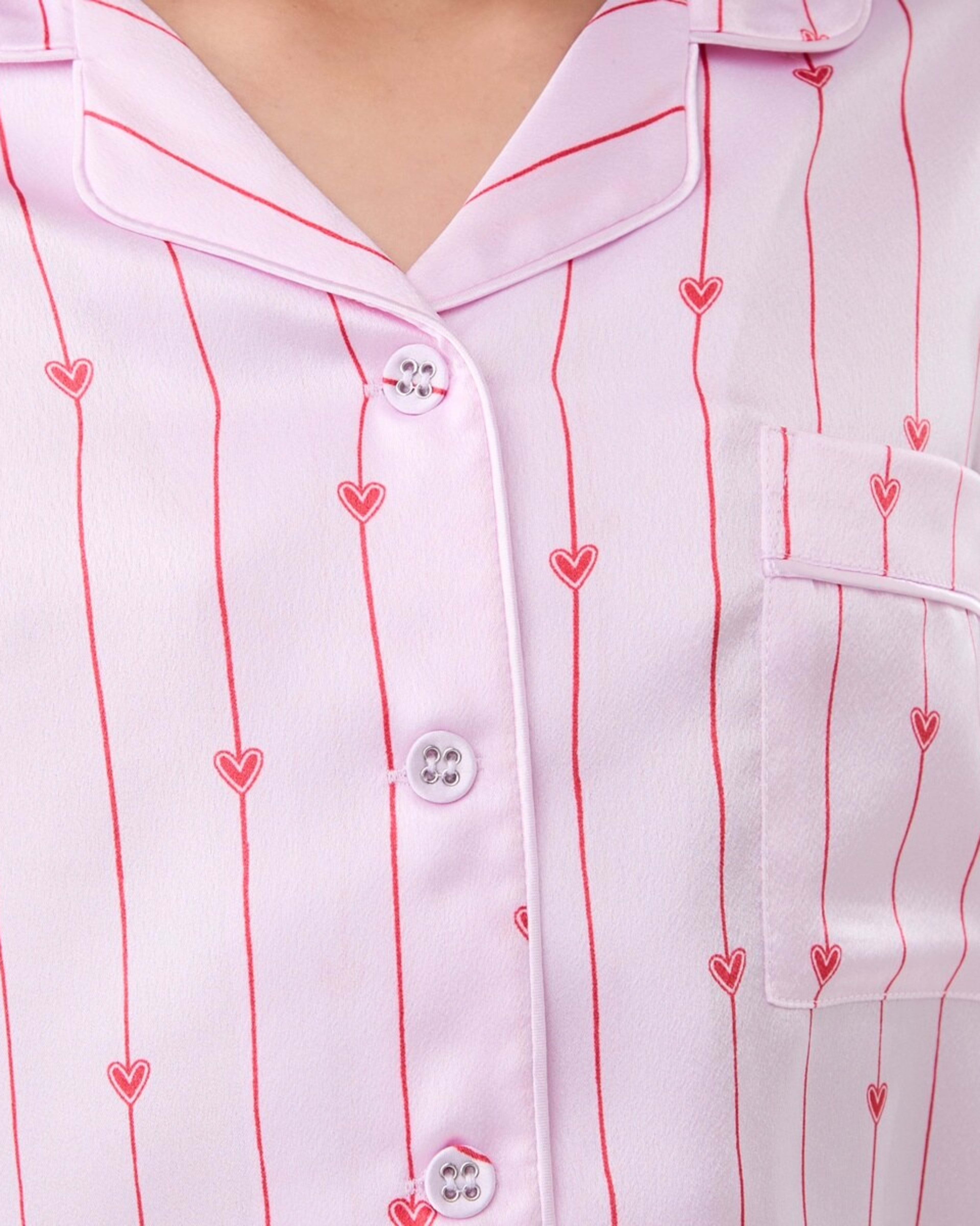 4 Short Sleeve Satin Pyjama Set PINK STRIPE HEARTS, 4 of 6