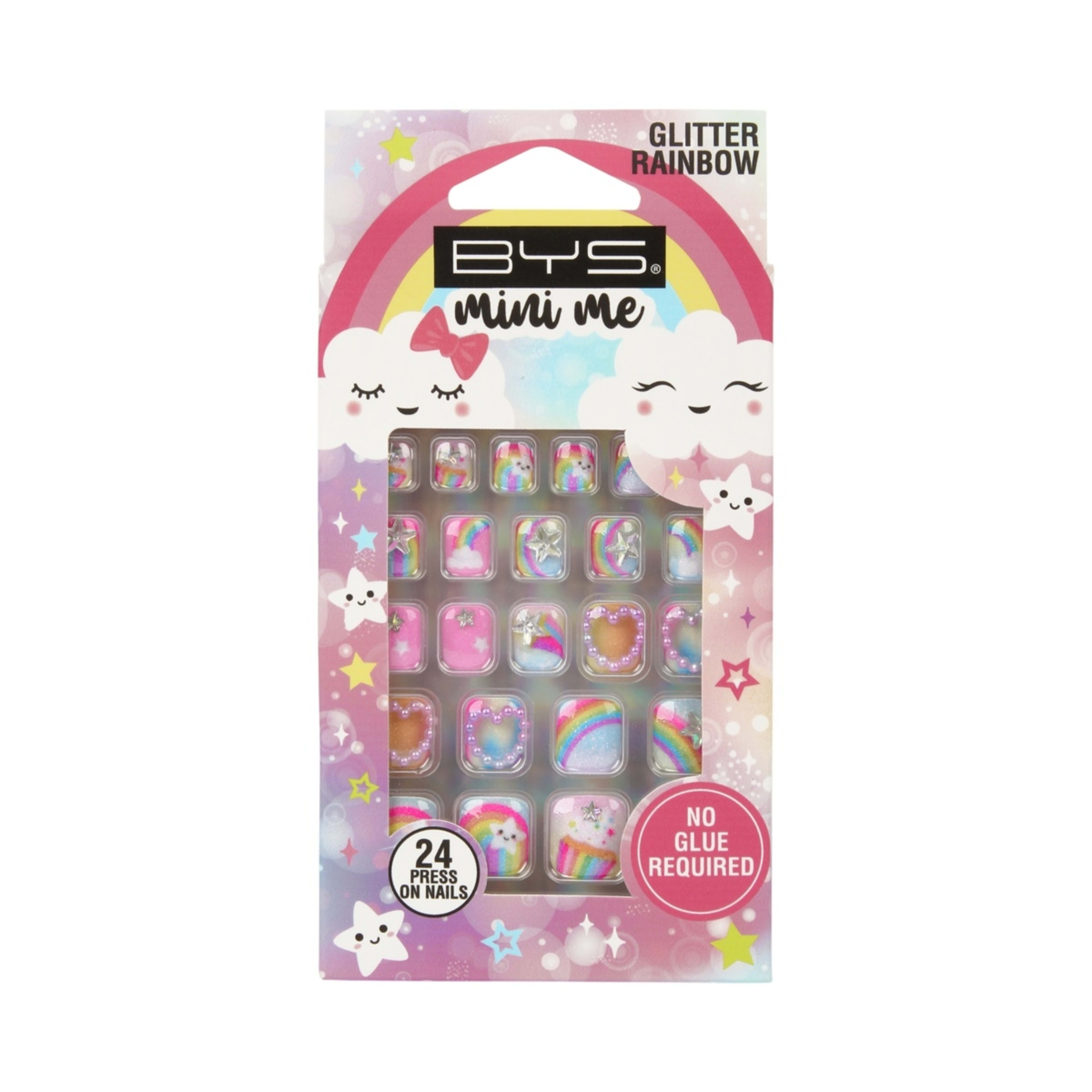 1 BYS Mini Me 24 Pack Press on Nails - Glitter Rainbow, Square Shape