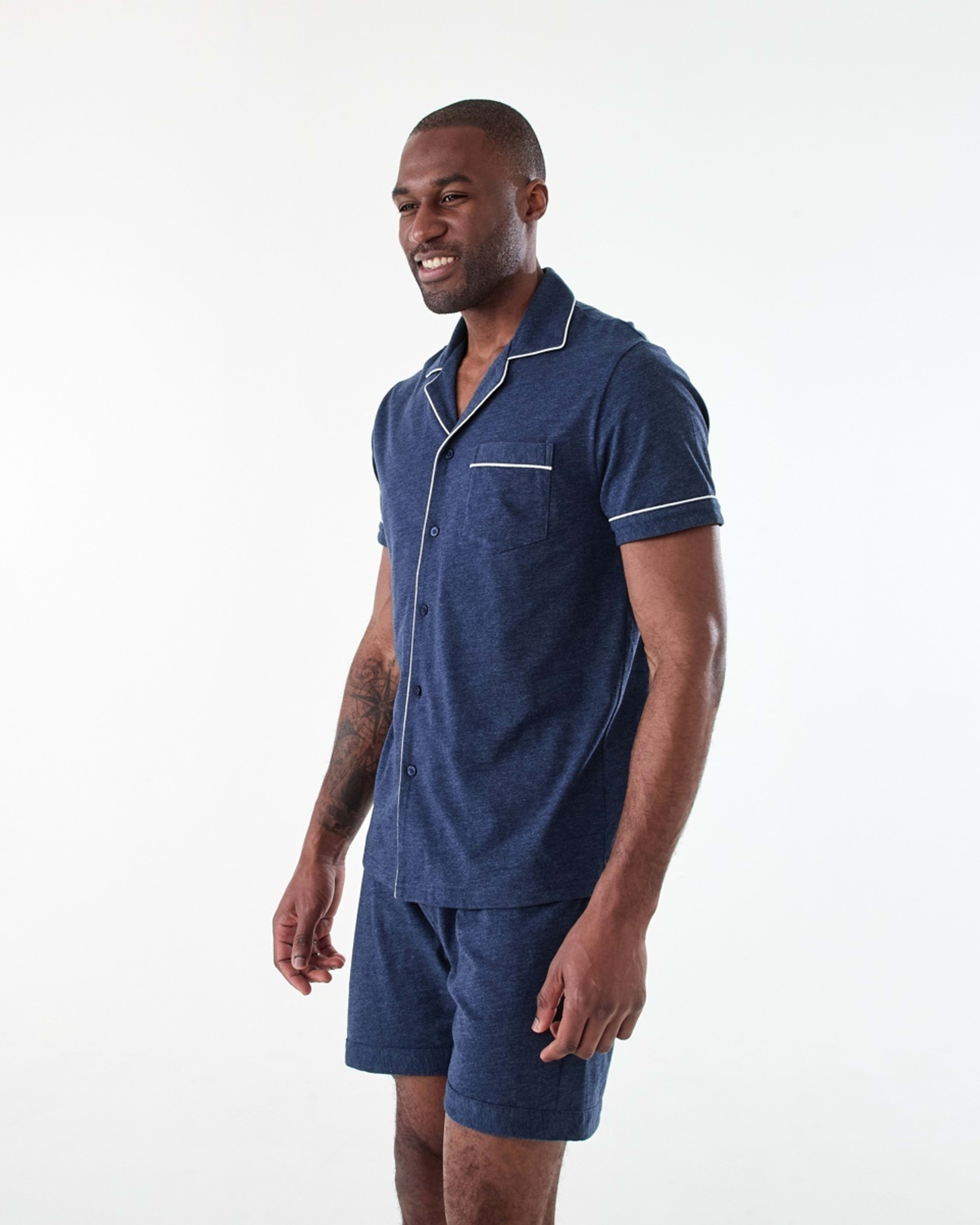 2 Short Sleeve Button Through Knit Pyjama Set NAVY MARLE, 2 of 8