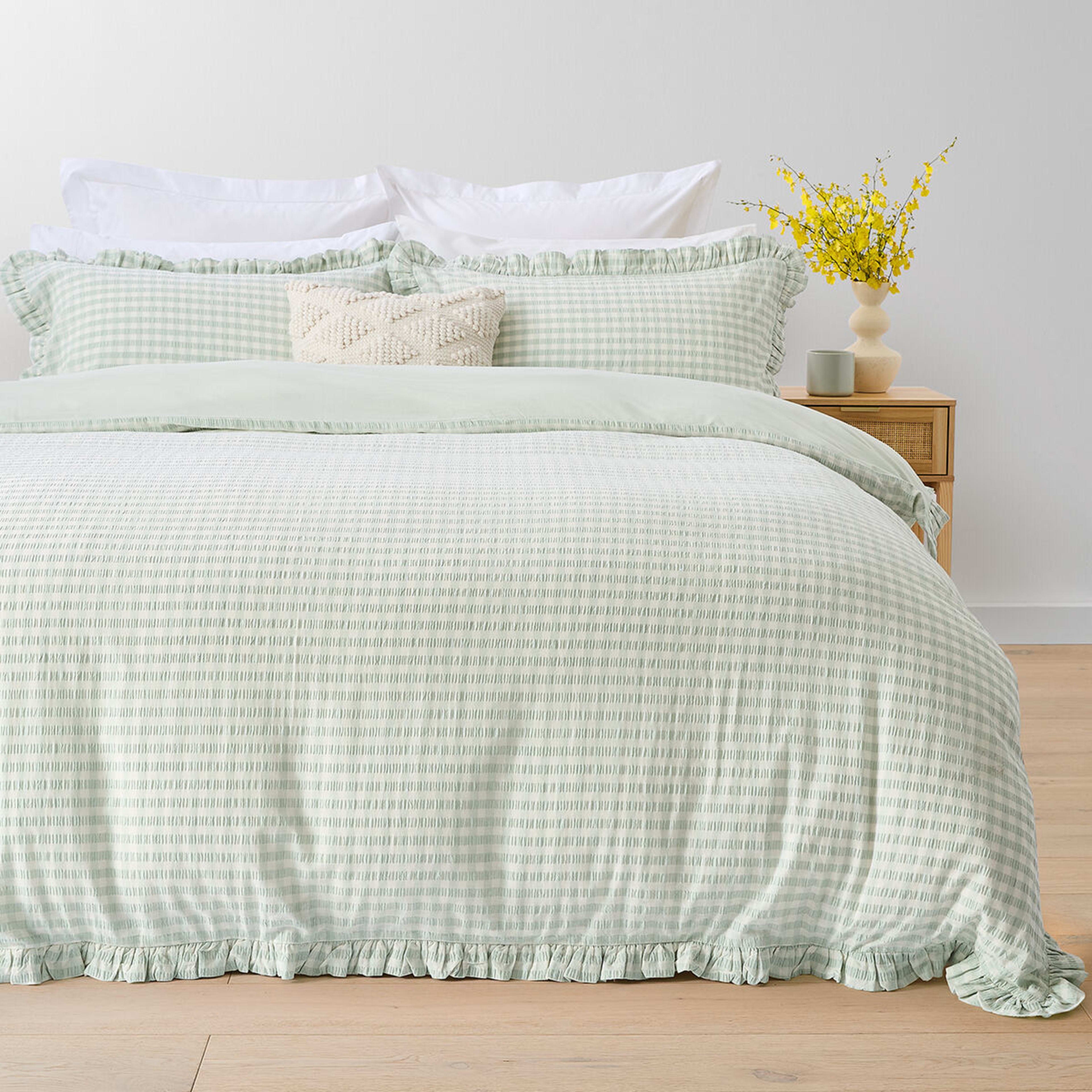 1 Gingham Ruffle Cotton Quilt Cover Set - Queen Bed, Sage, 1 of 6