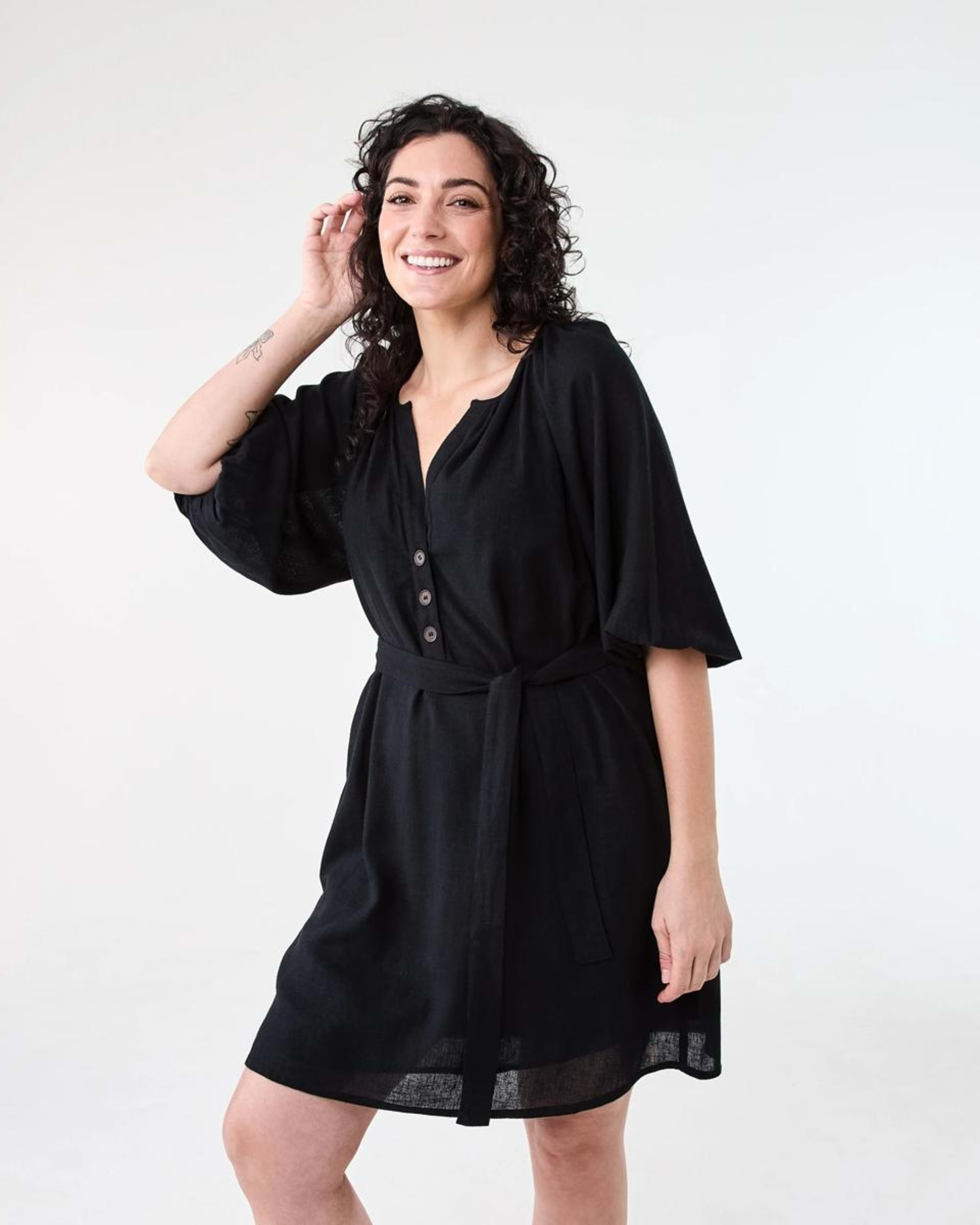 1 Elbow Sleeve Linen Blend Mini Dress BLACK