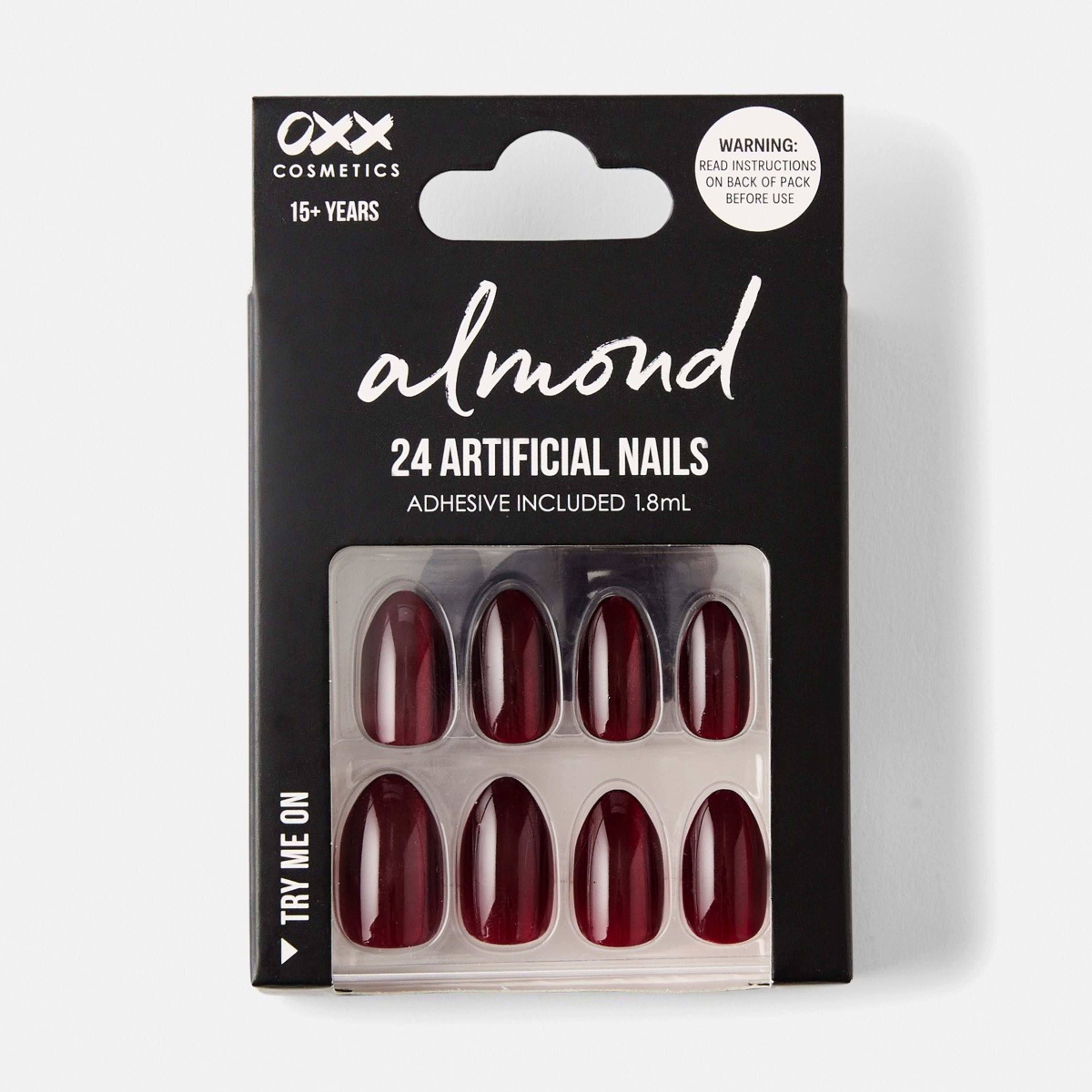 1 OXX Cosmetics 24 Pack Artificial Nails with Adhesive - Almond Shape, Red