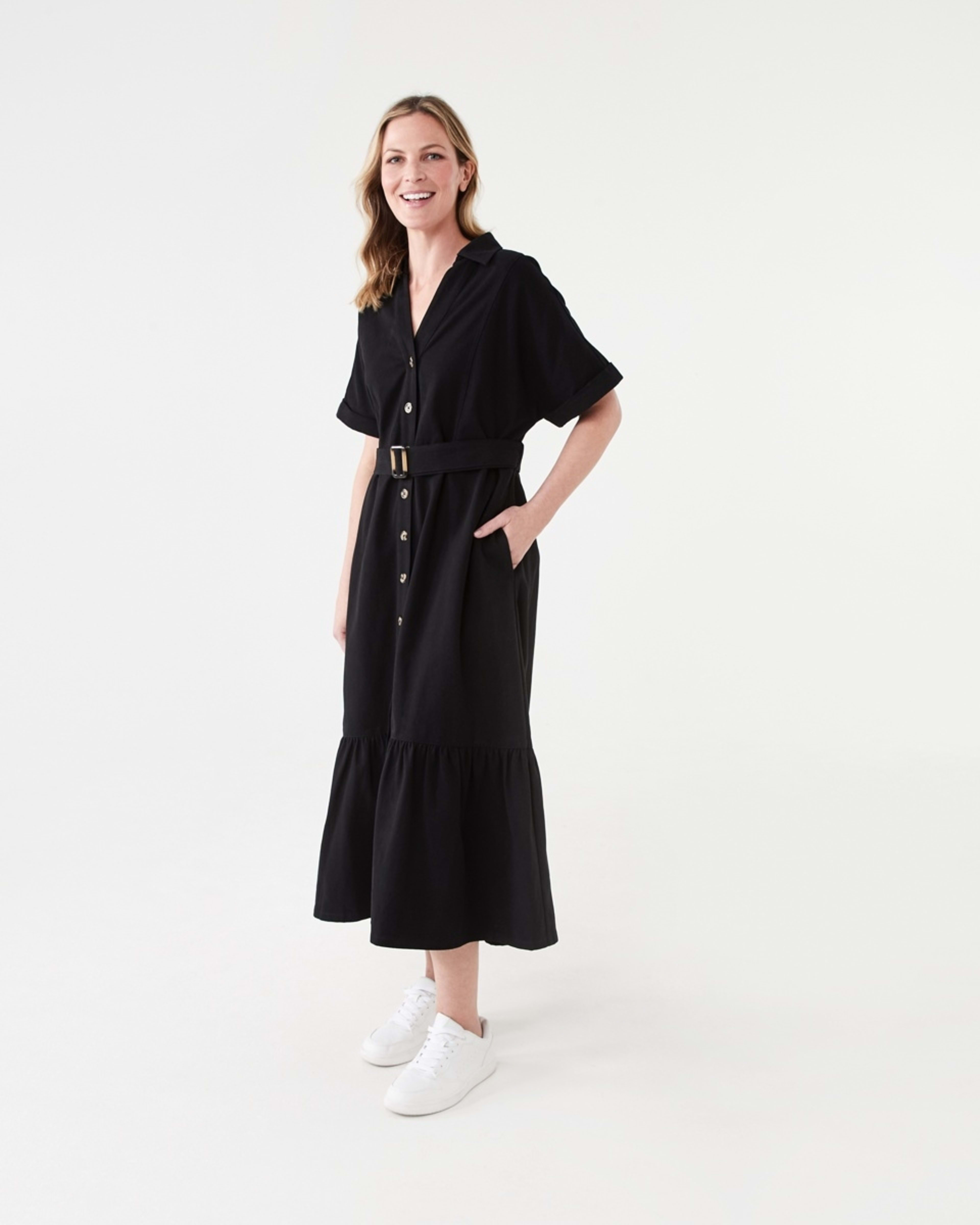 2 Short Sleeve Denim Button Through Midi Dress BLACK, 2 of 6
