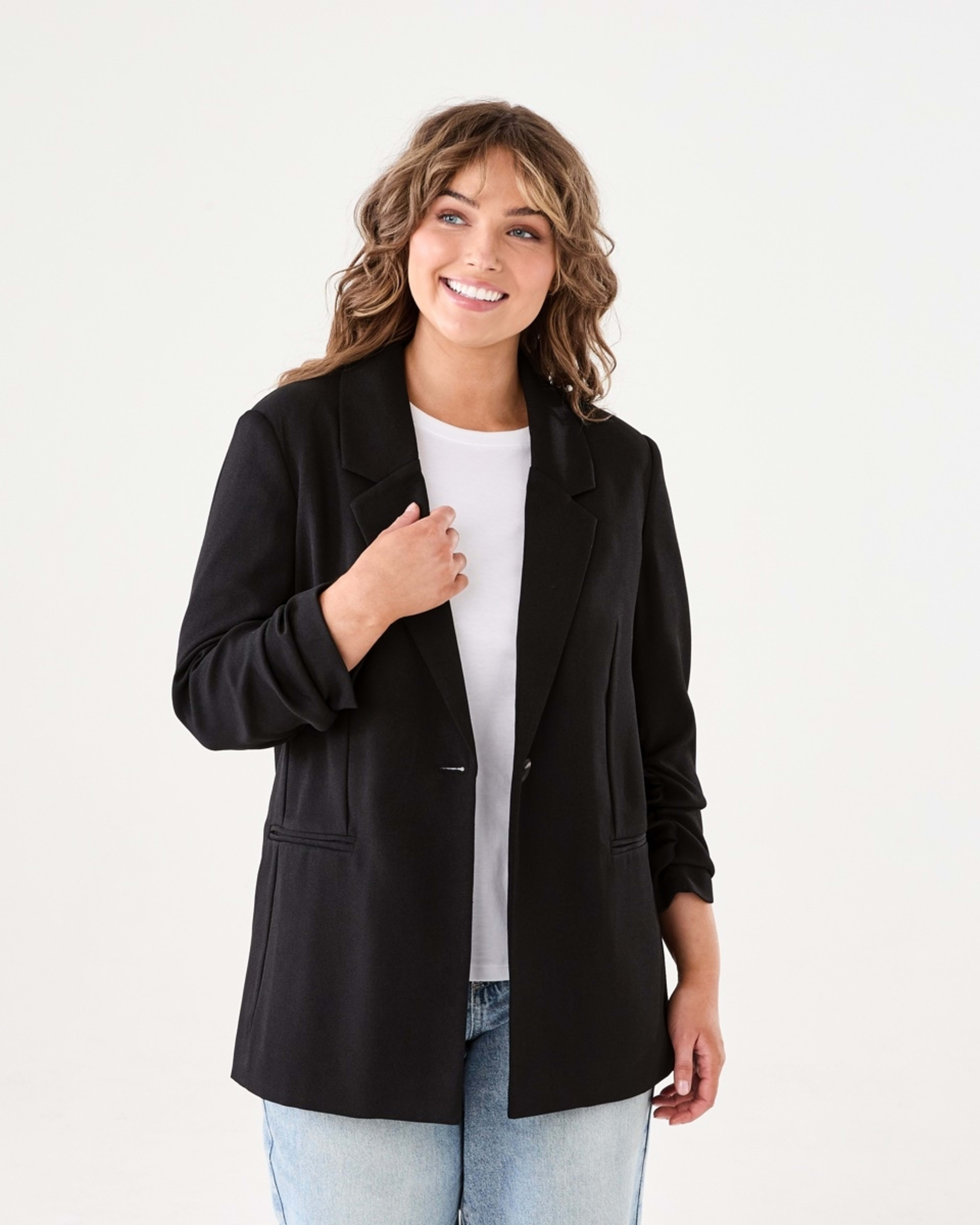 1 Ruched Sleeve Blazer BLACK, 1 of 7
