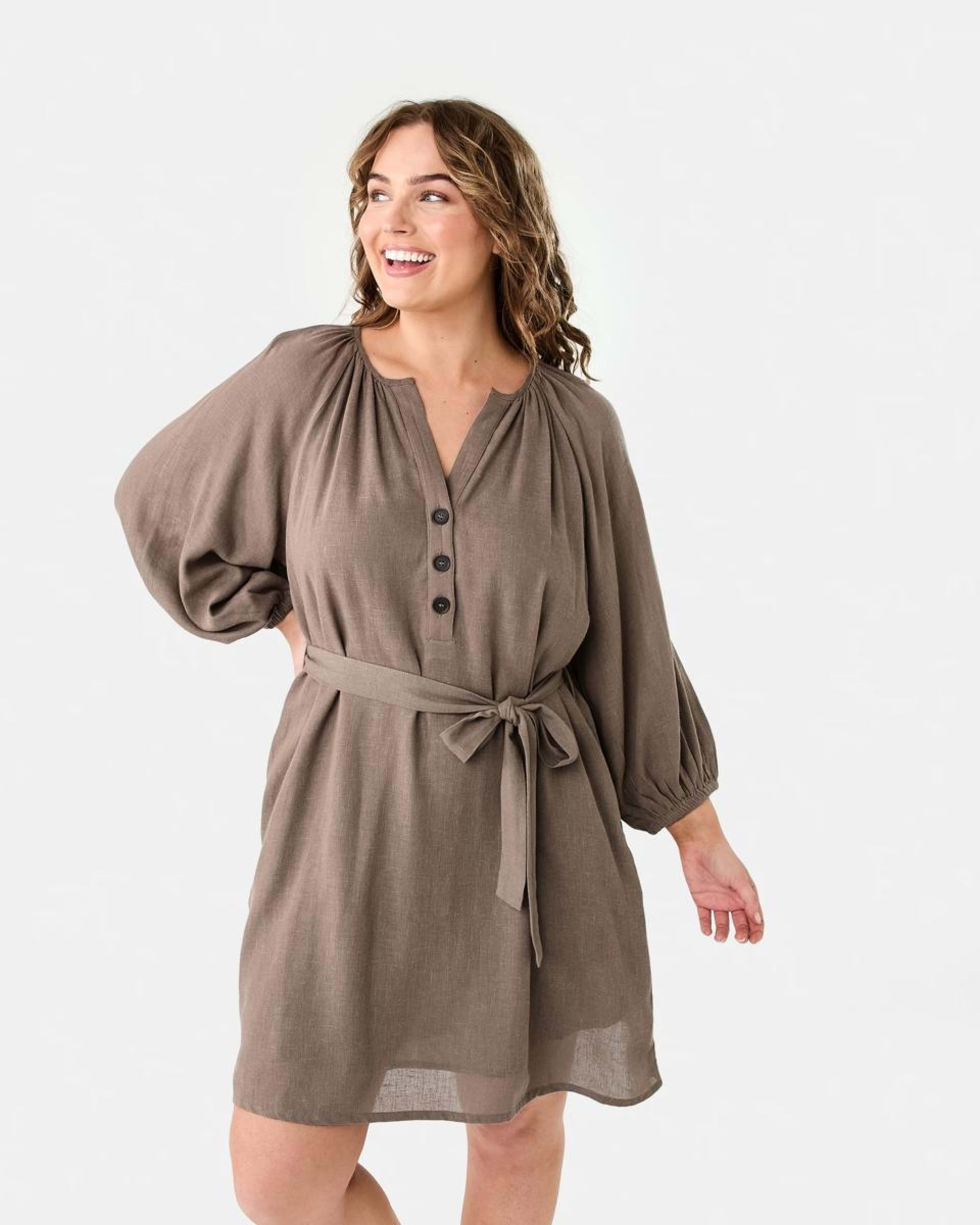 1 Elbow Sleeve Linen Blend Mini Dress DEEP TAUPE, 1 of 8